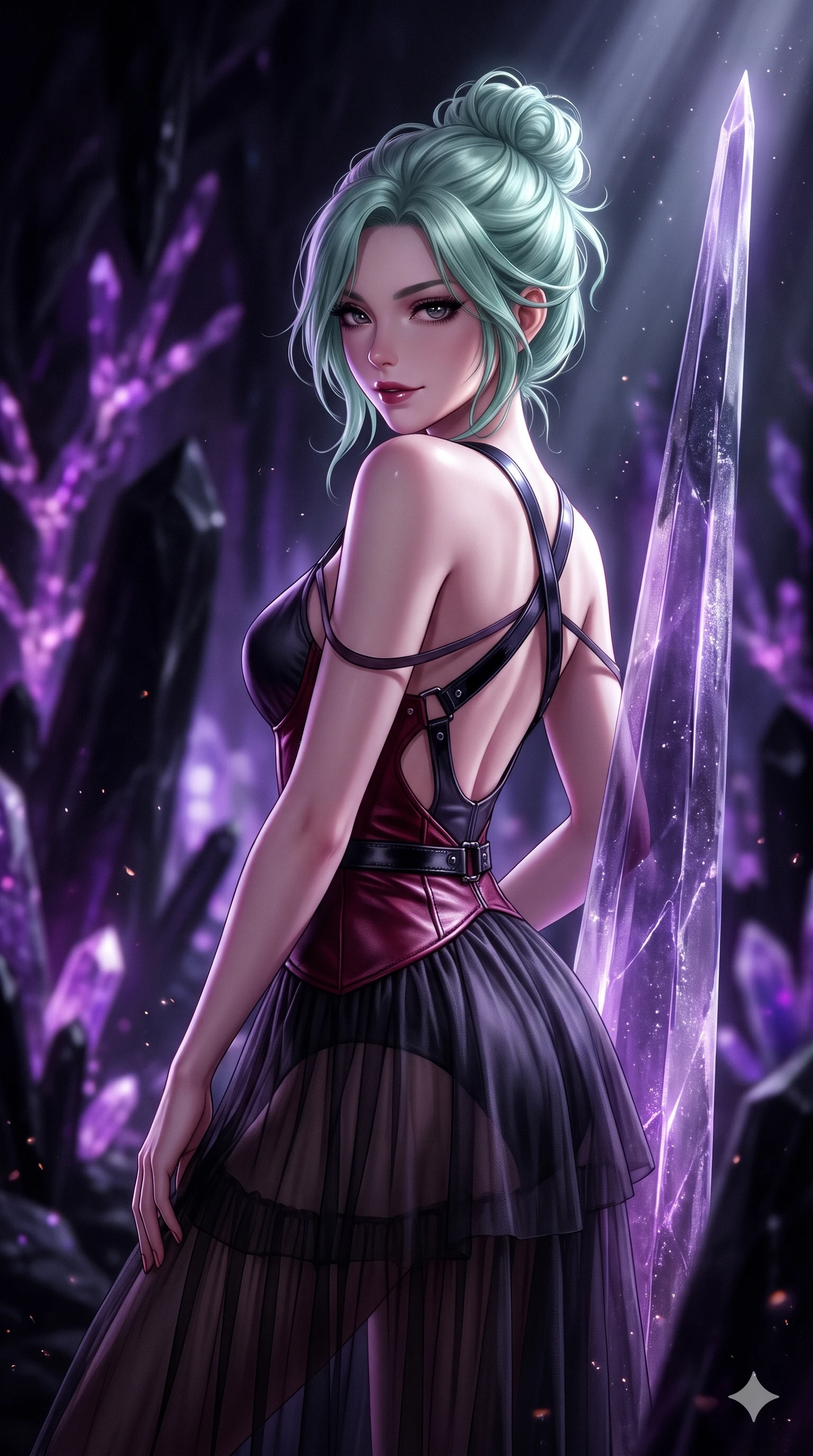 score_9, masterpiece, best quality, ultra-detailed, high-budget anime keyframe, semi-realistic 3D game render, editorial fashion photography, tasteful artistic composition, Japanese woman. close-up cowboy shot from the waist and thighs up, the character dominates the composition, filling the frame with her large presence. glancing sidelong over her shoulder with a smoldering, enigmatic half-smile that commands the frame while leaning against a towering crystalline needle with hips cocked back, casting an intoxicating, sultry bedroom-gaze over a bare shoulder. The background shows a soft-focus towering black obsidian needle monoliths, branching violet crystal veins, and subterranean mist blurred into amethyst, violet, and obsidian bokeh. She has an exceptionally elegant, slender, and willowy female figure with an ultra-slim waist, flat toned midriff, narrow ribcage, and sculpted feminine hips creating an alluring, slim hourglass silhouette without bulk. sharp v-shaped jawline, high-bridge nose, intricate jewel-like dark sparkling eyes with hypnotic seductive depth, thick curled eyelashes, glossy parted lips with a natural wine sheen, alluring bedroom-eyes with an enigmatic smoldering smile, exuding magnetic sovereign charisma and dark avant-garde glamour, flawlessly proportioned anatomical accuracy, strict slender model proportions, natural body alignment, perfectly sculpted long slender limbs, ultra-slim waistline, clean dynamic posture without body distortion. wearing a tiered semi-sheer black tulle and silk slip dress with an ultra-slim corseted waist and bare shoulders in crimson laser red and cold midnight shadow tones, made of supple butter-soft lambskin leather with a subtle satin sheen, featuring an open-back criss-cross harness strap in patent black leather, the precision-cut side openings and low-back scoop framing her graceful spine and the sensual sweep of her slim, toned hips. lit by cold silver beams and violet crystal luminescence cutting through pitch-black subterranean darkness. highly saturated vibrant anime colors, detailed shading with soft gradients, rich glossy textures, high-contrast stereoscopic depth, volumetric dynamic lighting, master piece, 9:16 ratio