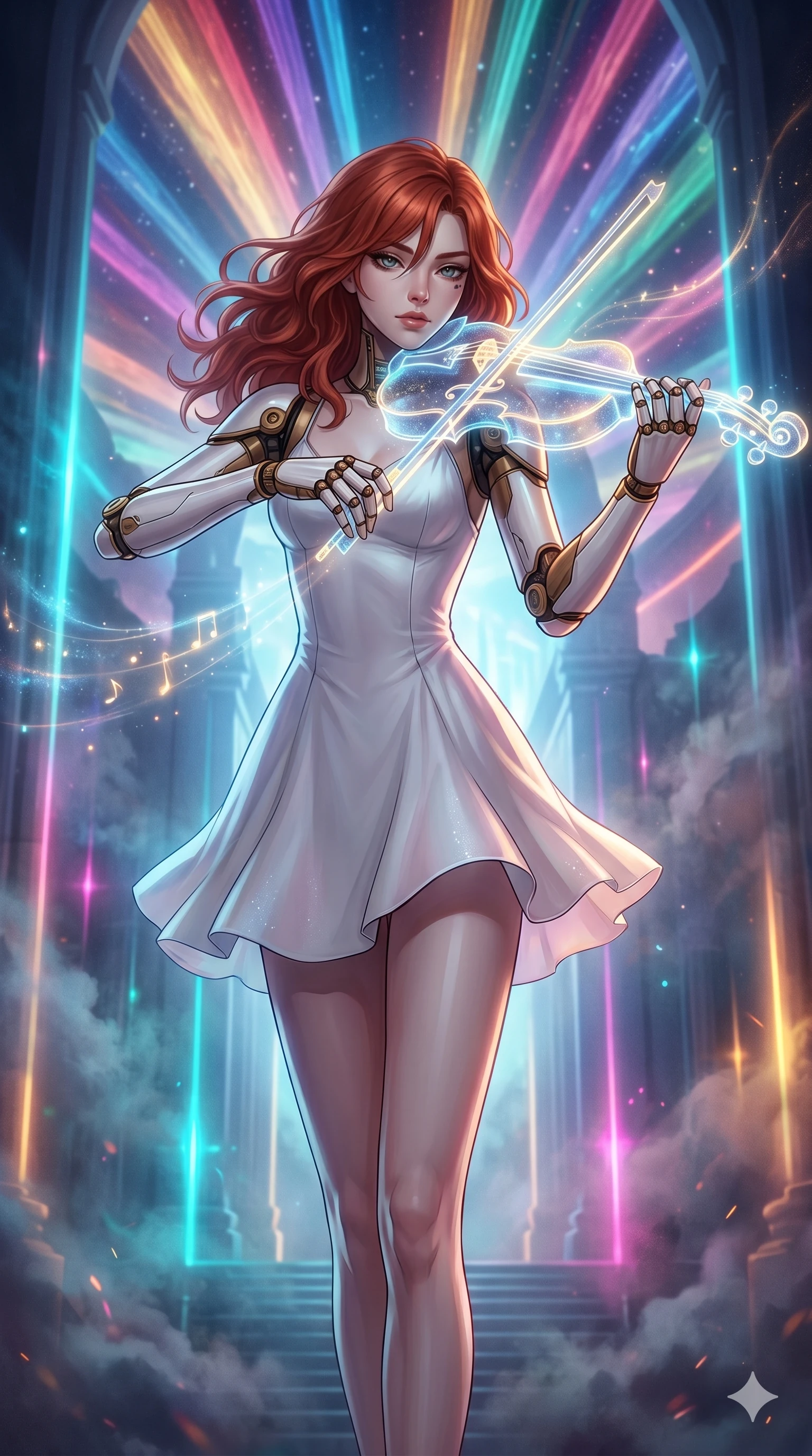 score_9, masterpiece, best quality, ultra-detailed, Set A: High-budget Anime Keyframe, Korean woman. Upper body close-up from the thighs up, character filling the screen for maximum presence. Theme: Ethereal Dream. playing a holographic violin in a temple made of solid light, with a look of serene power as the sky splits into 98 colors. The atmosphere is filled with heavy smog with neon flares. She has an absolutely perfect 8-heads proportion, an exceptionally tall and slender female figure with impossibly long slender legs and an ultra-slim waist. Sharp v-shaped jawline, high-bridge nose, intricate jewel-like eyes with depth, glossy lips. Wearing Mechanical doll outfit with visible brass joints and a delicate porcelain-white dress. Cinematic lighting, vivid colors, dramatic shadows, 2k, ultra detail, master piece, 9:16 ratio