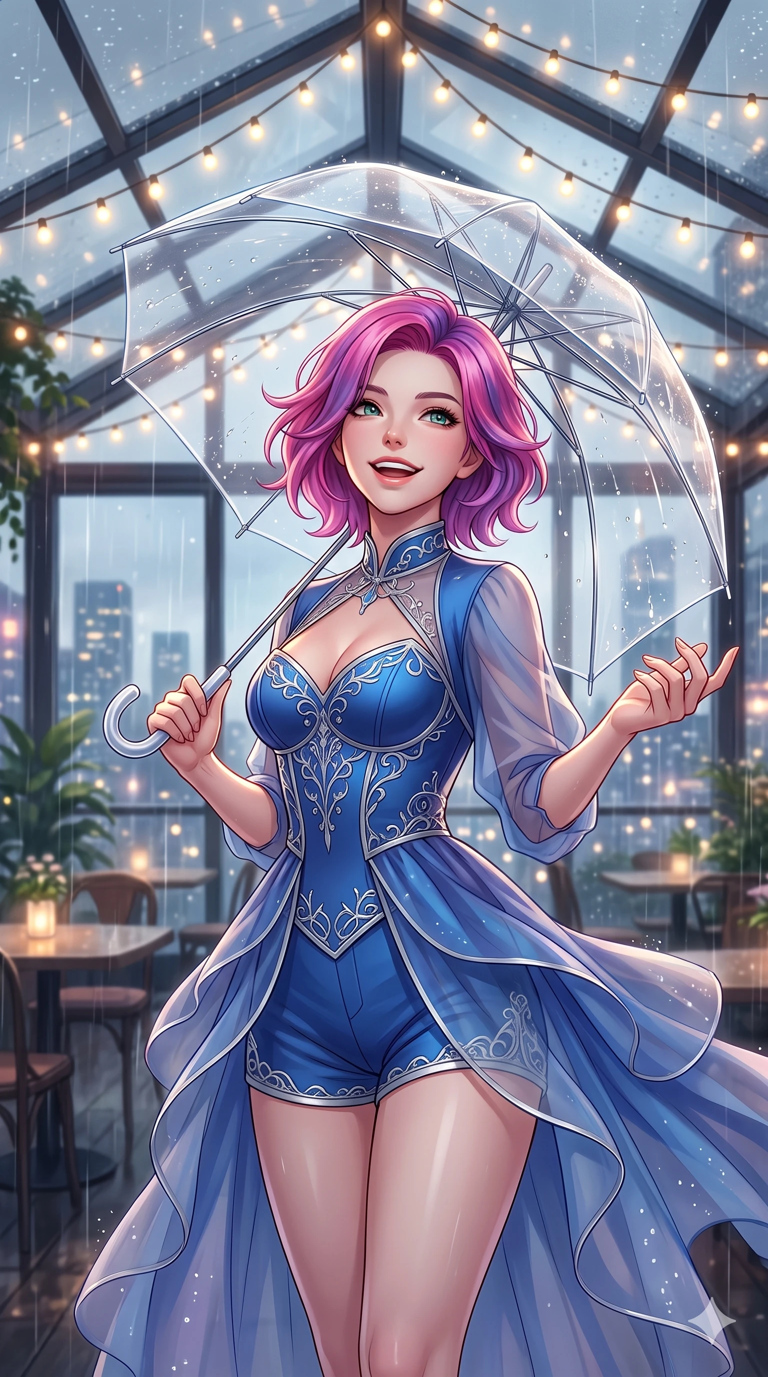 score_9, masterpiece, best quality, ultra-detailed, high-budget anime keyframe, vibrant anime aesthetic, Caucasian woman, strictly human ears. close-up cowboy shot from the waist and thighs up, the character dominates the composition, filling the frame with her large presence, background elements kept in soft focus. She is holding a clear umbrella, looking up with a bright, joyful expression, gazing warmly at the viewer with a lively, expressive stance. the background shows a soft-focus rain-swept rooftop lounge under a glass pavilion, looking at the glowing city skyline (Code-P22-147). She has an absolutely perfect proportion, an exceptionally elegant and slender female figure with an ultra-slim waist. V-shaped jawline, high-bridge nose, intricate jewel-like eyes with depth, thick eyelashes, glossy lips with a natural sheen. wearing a custom structured bodice combined with a delicate chiffon cover-up and shorts in sapphire blue and silver trim. She is lit by warm, glowing fairy lights strung across the glass conservatory roof, casting clean highlights that trace her slim waist inside the retro conservatory cafe. 2k, ultra detail, master piece, 9:16 ratio