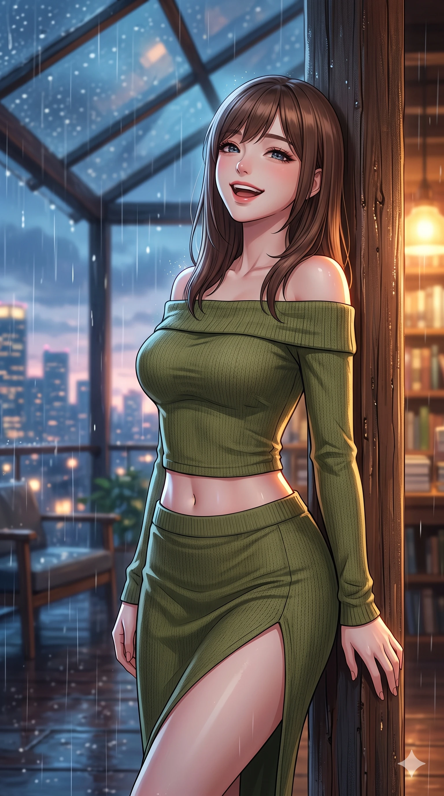 score_9, masterpiece, best quality, ultra-detailed, high-budget anime keyframe, vibrant anime aesthetic, Korean woman. close-up cowboy shot from the waist and thighs up, the character dominates the composition, filling the frame with her large presence, background elements kept in soft focus. She is standing in a sun shower, looking up with a happy, laughing expression, gazing warmly at the viewer leaning against a rustic wooden column. the background shows a soft-focus rain-swept rooftop lounge under a glass pavilion, looking at the glowing city skyline (Code-P22-117). She has an absolutely perfect proportion, an exceptionally elegant and slender female figure with an ultra-slim waist. V-shaped jawline, high-bridge nose, intricate jewel-like eyes with depth, thick eyelashes, glossy lips with a natural sheen. wearing an off-shoulder long-sleeve shirt and a high-slit knit skirt in olive green. She is illuminated by warm interior lights of a retro bookstore, casting a cozy glow, casting clean highlights that trace her slim waist during the twilight rain. 2k, ultra detail, master piece, 9:16 ratio