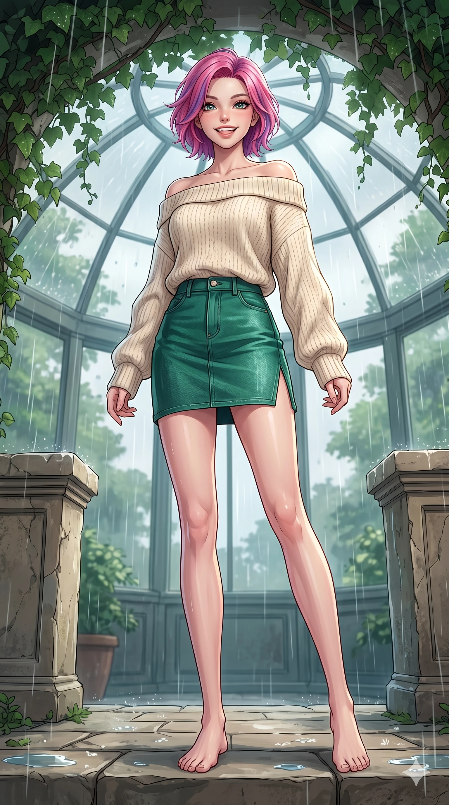 score_9, masterpiece, best quality, ultra-detailed, high-budget anime keyframe, vibrant anime aesthetic, Caucasian woman, strictly human ears. low angle full-body shot from head to toe showing her feet, filling the entire 9:16 vertical frame with her statuesque presence, stretching her vertical silhouette. She is posing with a bright, energetic grin, her eyes glowing with energy, with her eyes bright and full of life under the glass conservatory dome. on a stone terrace of a classic villa under a leafy ivy canopy, during a warm summer rain shower (Code-P22-052). She has an absolutely perfect 8-heads proportion, an exceptionally tall and slender female figure with impossibly long slender legs and an ultra-slim waist. V-shaped jawline, high-bridge nose, intricate jewel-like eyes with depth, thick eyelashes, glossy lips with a natural sheen. wearing an off-shoulder oversized sweater paired with a refined side vent denim skirt in emerald green. She is drenched in soft, diffused light of a rainy afternoon, creating clean outlines, accentuating her slender silhouette in the cozy indoor garden. 2k, ultra detail, master piece, 9:16 ratio