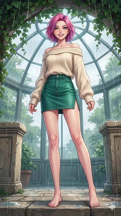 score_9, masterpiece, best quality, ultra-detailed, high-budget anime keyframe, vibrant anime aesthetic, Caucasian woman, strictly human ears. low angle full-body shot from head to toe showing her feet, filling the entire 9:16 vertical frame with her