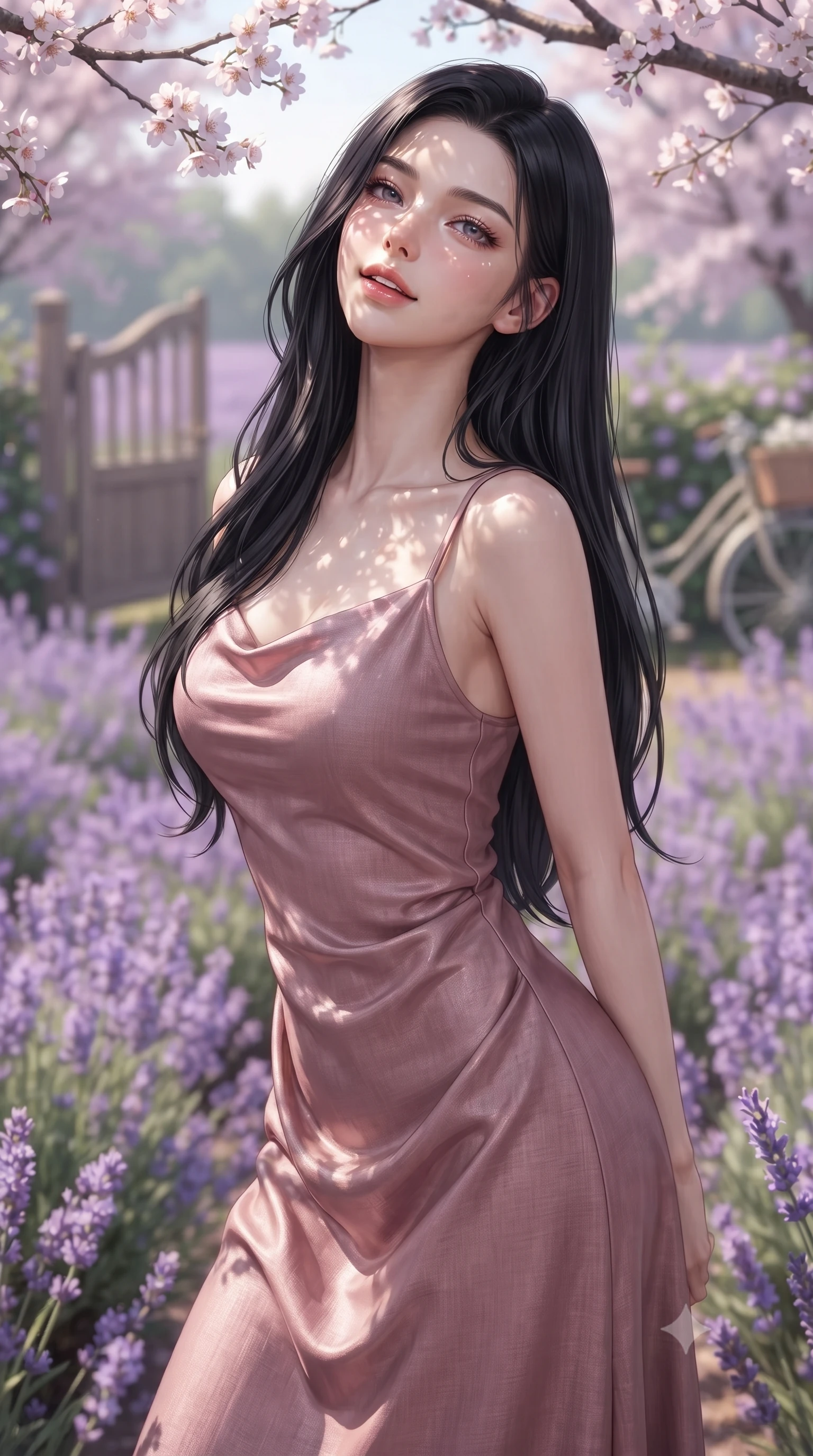 score_9, masterpiece, best quality, ultra-detailed, high-budget anime keyframe, editorial fashion photography, tasteful artistic composition, Korean woman. close-up cowboy shot from the waist and thighs up, the character dominates the composition, filling the frame with her large presence, background elements kept in soft focus. archingly tilting her head back slightly with a soft, sensual half-smile and parted lips set against a soft-focus background of surrounded by a beautiful purple meadow of blooming wild lavender with a wooden garden gate and a vintage bicycle in the background. She has an exceptionally elegant, slender, and willowy female figure with an ultra-slim waist, a gracefully sculpted slender torso, and a refined silhouette. sharp v-shaped jawline, high-bridge nose, intricate jewel-like eyes with depth, thick eyelashes, glossy lips with a natural sheen. wearing slim-fit flowy linen sundress in dusty rose, draped softly and comfortably. dappled sunlight filtering through the cherry blossom branches onto her face. ultra-reflective glossy finish, specular highlights, metallic sheen, high-contrast stereoscopic depth, volumetric dynamic lighting, 2k, ultra detail, master piece, 9:16 ratio