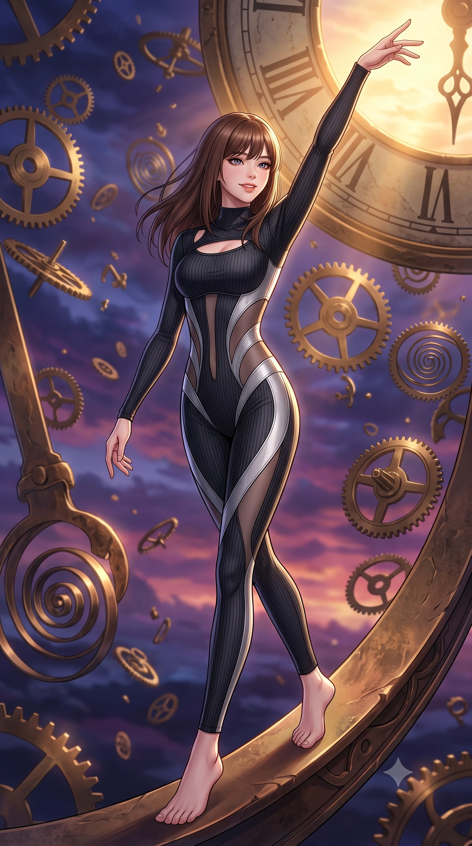 score_9, masterpiece, best quality, ultra-detailed, high-budget anime keyframe, editorial fashion photography, tasteful artistic composition, Korean woman. close-up cowboy shot from the waist and thighs up, the character dominates the composition, filling the frame with her large presence, background elements kept in soft focus. Extending one arm in an elegant stretch toward the light while smiling with magnetic self-assurance while stepping along a curved clockwork pendulum arm under a dramatic twilight sky, floating brass gears and clocksprings casting intricate metallic reflections. She has an exceptionally elegant, slender, and willowy female figure with an ultra-slim waist, a gracefully sculpted slender torso, and a refined silhouette. sharp v-shaped jawline, high-bridge nose, intricate jewel-like eyes with depth, thick eyelashes, glossy lips with a natural sheen, flawlessly proportioned anatomical accuracy, natural body alignment, perfectly sculpted elegant limbs, clean dynamic posture without body distortion. wearing a form-fitting ribbed activewear set with elegant collar cutouts in matte black and polished silver, woven from fine semi-opaque sheer organza, featuring clean architectural cutouts along her slender torso, the form-contouring material highlighting her ultra-slim waist and long lines. illuminated by a brilliant golden hour glow filtering through clockwork dials. highly saturated vibrant anime colors, detailed shading with soft gradients, rich glossy textures, high-contrast stereoscopic depth, volumetric dynamic lighting, master piece, 9:16 ratio