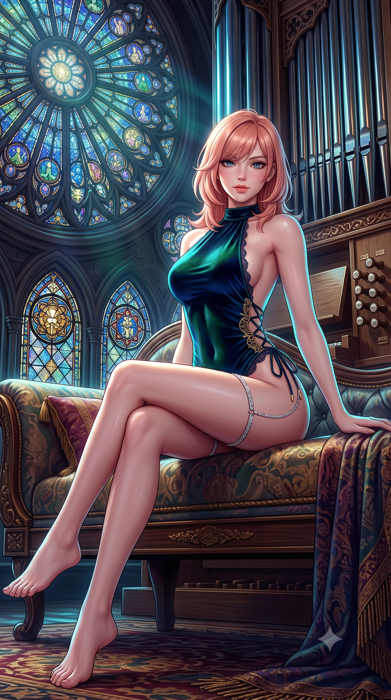 score_9, masterpiece, best quality, ultra-detailed, high-budget anime keyframe, semi-realistic 3D game render, editorial fashion photography, tasteful artistic composition, Japanese woman. low angle full-body shot from head to toe showing her feet, filling the entire 9:16 vertical frame with her statuesque presence, stretching her vertical silhouette. lounging on the lavish daybed with legs crossed and hips angled toward the camera, displaying her toned midriff and long slender limbs with effortless siren poise while twisting her slender torso in an alluring contrapposto stance, multicolored moonlight from the giant rose window tracing her hourglass curves. The surrounding environment is rendered in vivid detail and crisp panoramic clarity: sharp polished tin pipe reflections, carved oak organ stop knobs, and leaded stained-glass medallion clarity in deep focus. She has an absolutely perfect, statuesque 8.5-heads proportion, an exceptionally tall and slender model-like female figure with impossibly long slender legs, an ultra-slim waist, a flat toned midriff, narrow delicate ribcage, and beautifully sculpted feminine hips creating a graceful, slim hourglass silhouette without any bulky heaviness. sharp v-shaped jawline, high-bridge nose, sparkling eyes with hypnotic seductive depth, thick curled eyelashes, glossy parted lips with a natural dewy peach sheen, alluring bedroom-eyes with an enchanting coquettish smile, exuding magnetic siren charisma and sophisticated glamour, flawlessly proportioned anatomical accuracy, strict slender model proportions, natural body alignment, perfectly sculpted long slender limbs, ultra-slim waistline, clean dynamic posture without body distortion. wearing a slinky backless halterneck velvet leotard with scalloped eyelash lace hems and sheer lace-up side ties in deep emerald velvet and dark sapphire with gold filigree, tailored from fine structural neoprene with crisp architectural edges and smooth contouring, finished with delicate crystal-encrusted thigh garter straps glinting under the lights, the second-skin tailored fabric adhering flawlessly to her sculpted flat midriff and slender torso, emphasizing her long leg lines and perfectly proportioned willowy build. illuminated by tin pipe specular reflections and sharp electric-cyan rim lights sculpting her jawline, narrow waist, and curvy hips. highly saturated vibrant anime colors, detailed shading with soft gradients, rich glossy textures, high-contrast stereoscopic depth, volumetric dynamic lighting, master piece, 9:16 ratio