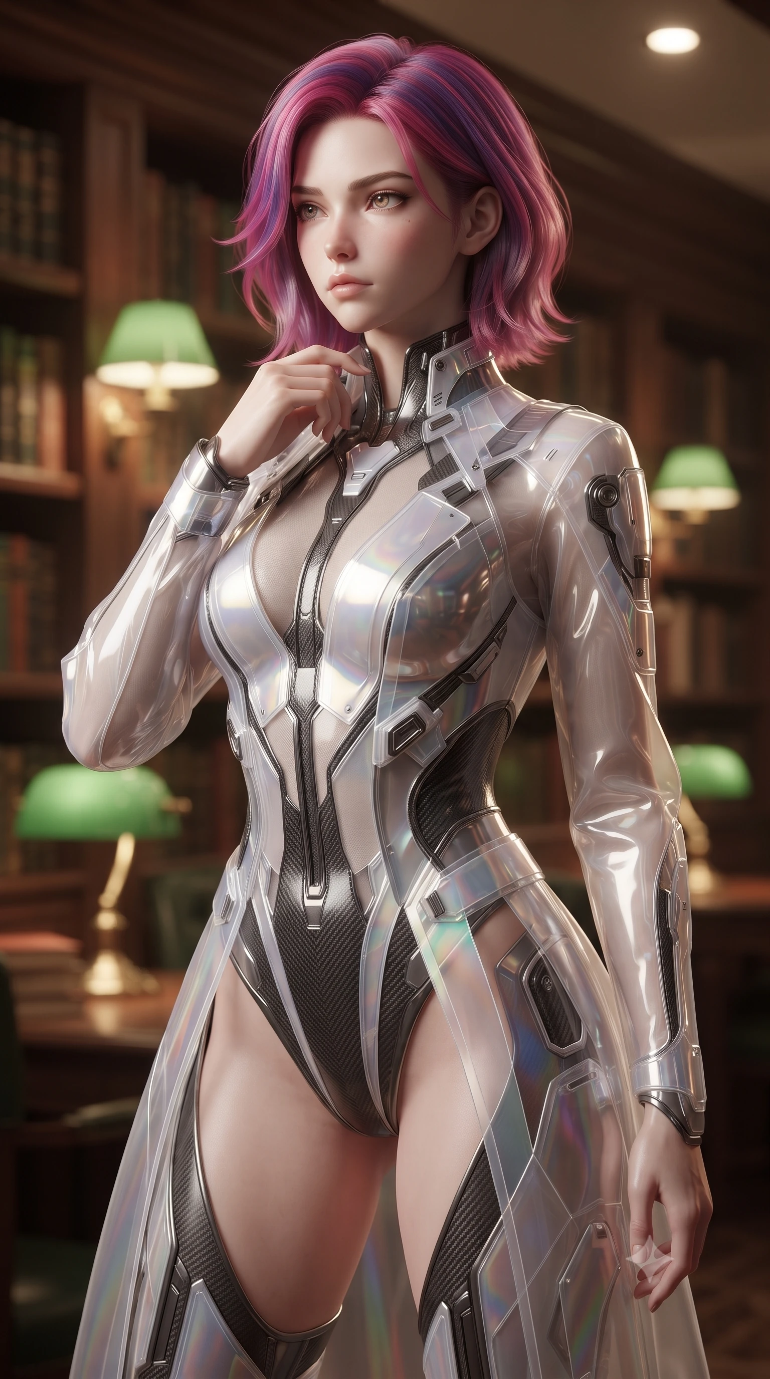 score_9, masterpiece, best quality, ultra-detailed, high-budget anime keyframe, editorial fashion photography, tasteful artistic composition, Caucasian woman. close-up cowboy shot from the waist and thighs up, the character dominates the composition, filling the frame with her large presence, background elements kept in soft focus. adjusting the high collar of her body-hugging suit, looking past the camera with quiet, sharp focus and a composed expression, the background shows a soft-focus a yacht library car with wood-lined shelves and green reading lamps. She has an exceptionally elegant, slender, and willowy female figure with an ultra-slim waist, a gracefully sculpted slender torso, and a refined silhouette. sharp v-shaped jawline, high-bridge nose, intricate jewel-like eyes with depth, thick eyelashes, glossy lips with a natural sheen. wearing a tailored sheer white holographic organza combat gown worn over a high-cut carbon-fiber leotard. soft warm glow from reading lamps creating a quiet, focused mood. ultra-reflective glossy finish, specular highlights, metallic sheen, high-contrast stereoscopic depth, volumetric dynamic lighting, 2k, ultra detail, master piece, 9:16 ratio
