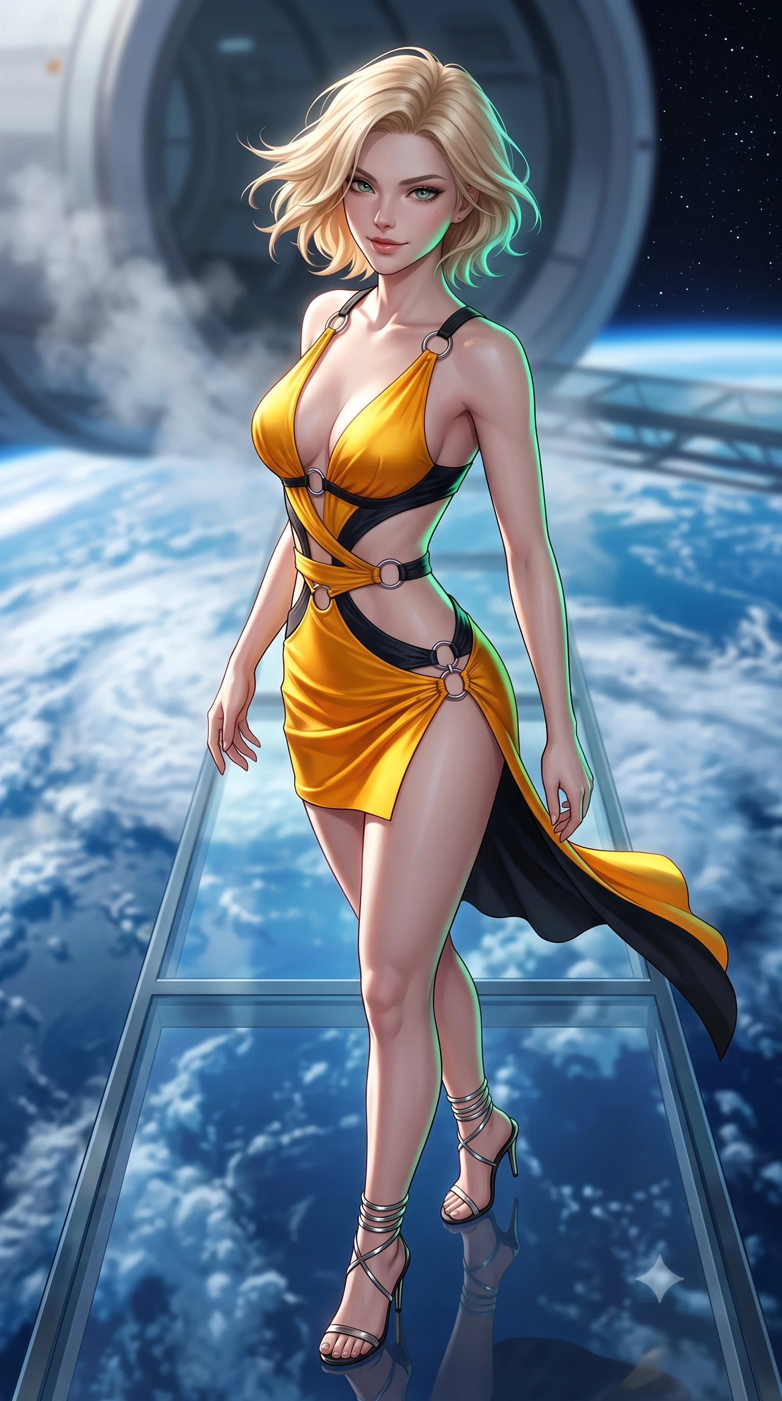 score_9, masterpiece, best quality, ultra-detailed, high-budget anime keyframe, semi-realistic 3D game render, editorial fashion photography, tasteful artistic composition, Caucasian woman. close-up cowboy shot from the waist and thighs up, the character dominates the composition, filling the frame with her large presence. turning slowly with an enchanting smoldering smile, her glossy hair tossing in the breeze as her hips angle gracefully in a captivating contrapposto while standing poised on the completely transparent cantilevered catwalk directly above swirling blue ocean clouds of Earth, arching her back with breathless anime heroine charisma. The background shows a soft-focus faint cabin pressurization vapor softened in orbital space station catwalk shallow focus. She has an exceptionally elegant, slender, and willowy female figure with an ultra-slim waist, flat toned midriff, narrow ribcage, and sculpted feminine hips creating an alluring, slim hourglass silhouette without bulk. sharp v-shaped jawline, high-bridge nose, intricate jewel-like sparkling eyes with depth, thick eyelashes, glossy parted lips with a natural peach sheen, bright cheerful beaming smile with an enchanting and coquettish sensual glint, exuding both youthful cute charm and seductive allure, flawlessly proportioned anatomical accuracy, strict slender model proportions, natural body alignment, perfectly sculpted long slender limbs, ultra-slim waistline, clean dynamic posture without body distortion. wearing a provocative open-waist cutout mini dress framed by polished chrome hardware and thigh-high slit in solar-flare gold and interstellar onyx, adorned with delicate chrome ring hardware and cutouts along her slender waist, complemented by strappy stiletto sandals with metallic ankle wraps accentuating her slender calves, the impeccably tailored cut draping gracefully along her slender figure with aristocratic poise. illuminated by Earth albedo reflection bounce and sharp aurora-emerald rim lights sculpting her jawline, narrow waist, and curvy hips. highly saturated vibrant anime colors, detailed shading with soft gradients, rich glossy textures, high-contrast stereoscopic depth, volumetric dynamic lighting, master piece, 9:16 ratio