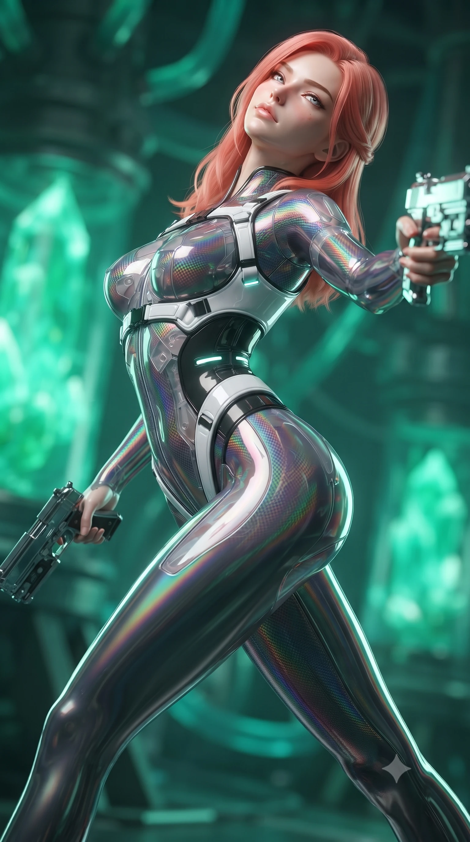 score_9, masterpiece, best quality, ultra-detailed, high-budget anime keyframe, editorial fashion photography, tasteful artistic composition, Japanese woman. close-up cowboy shot from the waist and thighs up, the character dominates the composition, filling the frame with her large presence. tilting her head back with serene regal elegance, her sharp jawline and sculpted collarbones highlighted by glowing weapon energy reflections while arching her back gracefully with full draw-string tension, her long slender legs and torso creating a sweeping line of power. The composition keeps background elements in soft focus with creamy bokeh. massive glowing emerald reactor crystals and pulsing coolant tubes blurred into rich green and turquoise bokeh. She has an exceptionally elegant, slender, and willowy female figure with an ultra-slim waist, a gracefully sculpted slender torso, toned flat midriff, and a refined slim silhouette. sharp v-shaped jawline, high-bridge nose, intricate jewel-like eyes with depth, thick eyelashes, glossy lips with a natural sheen, flawlessly proportioned anatomical accuracy, strict slender model proportions, natural body alignment, perfectly sculpted long slender limbs, ultra-slim waistline, clean dynamic posture without body distortion. wearing a high-gloss iridescent rainbow carbon-weave bodysuit with translucent cybernetic panels, brandishing dual sleek chrome particle beam pistols in a dynamic combat stance in monochrome white enamel carbon with high-contrast black panels, crafted from semi-translucent cybernetic carbon-vinyl interwoven with glowing micro-filaments, reinforced by a sleek titanium tactical harness and glowing micro-energy straps, the sleek second-skin cut tightly hugging her graceful clavicle, narrow waist, and feminine curves with athletic precision. illuminated by crisp white key lighting with sharp specular highlights tracing her slender curves. ultra-reflective glossy finish, specular highlights, dark metallic sheen, high-contrast stereoscopic depth, volumetric dynamic lighting, 2k, ultra detail, master piece, 9:16 ratio