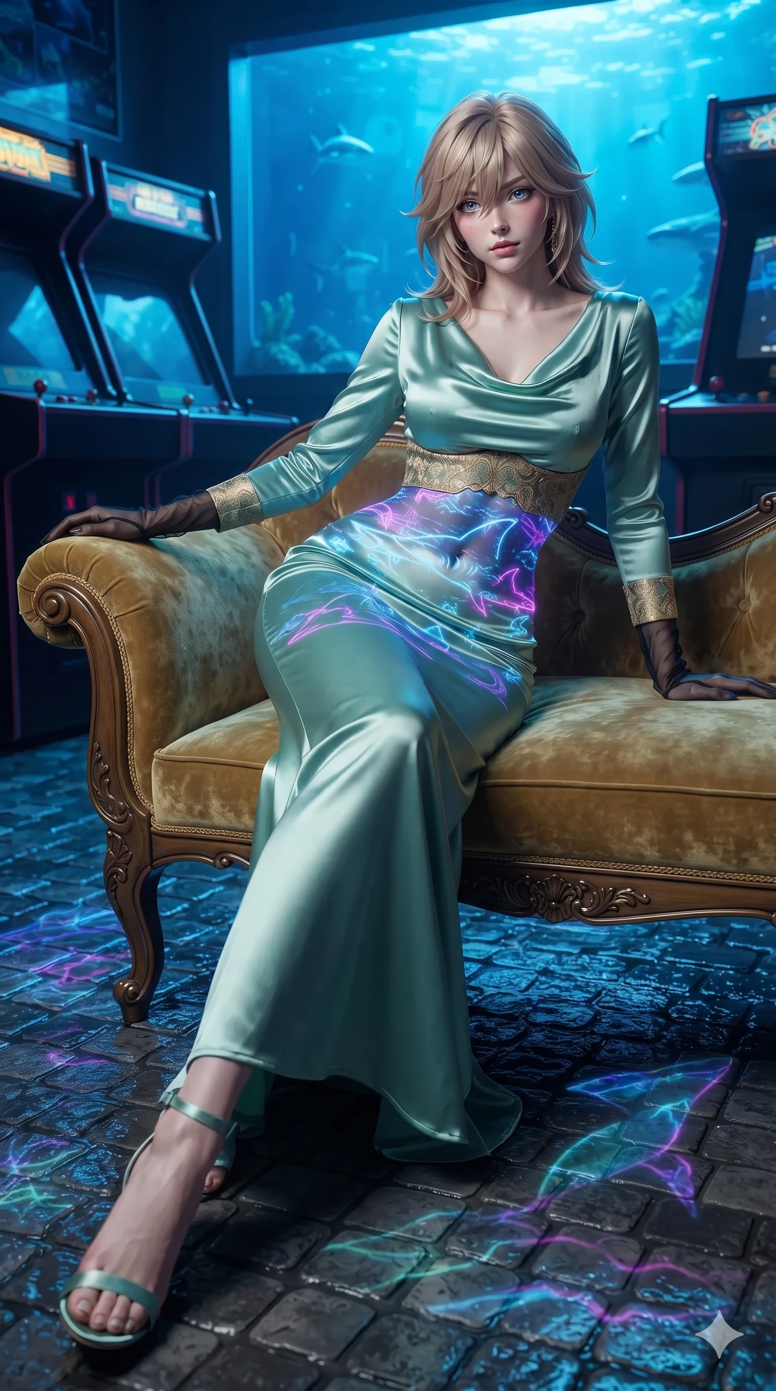 score_9, masterpiece, best quality, ultra-detailed, high-budget anime keyframe, editorial fashion photography, tasteful artistic composition, Japanese woman. low angle full-body shot from head to toe showing her feet, filling the entire 9:16 vertical frame with her statuesque presence, stretching her vertical silhouette. reclining gracefully across the plush chaise lounge with one leg extended, her sculpted silhouette and flat midriff radiating magnetic nocturnal glamour while twisting her slender torso in an alluring S-curve, deep ocean blue and neon purple holographic projections playing across her flat midriff and hips. The surrounding environment is rendered in vivid detail and crisp panoramic clarity: sharp wet cobblestone textures, holographic shark fin refraction ripples, and glossy arcade cabinet bezels in deep focus. She has an exceptionally tall and slender model-like 8.5-heads proportion, an ultra-slim waist, a flat toned midriff, narrow delicate ribcage, and beautifully sculpted feminine hips creating a graceful, slim hourglass silhouette without any bulky heaviness, with impossibly long slender legs. sharp v-shaped jawline, high-bridge nose, intricate jewel-like sparkling eyes with depth, thick eyelashes, glossy parted lips with a natural peach sheen, bright cheerful beaming smile with an enchanting and coquettish sensual glint, exuding both youthful cute charm and seductive allure, flawlessly proportioned anatomical accuracy, strict slender model proportions, natural body alignment, perfectly sculpted long slender limbs, ultra-slim waistline, clean dynamic posture without body distortion. wearing a refined long-sleeve cowl-neck satin evening gown with modest draped neckline and tailored waistline in celadon jade and antique gold-leaf, crafted from bespoke double-faced cashmere with an exceptionally soft tactile finish, complemented by sheer opera-length evening gloves tracing her slender arms, the impeccably tailored cut draping gracefully along her slender figure with aristocratic poise. bathed in the glowing azure and indigo illumination of the monumental virtual aquarium billboard. ultra-reflective glossy finish, specular highlights, rich textural contrasts, high-contrast stereoscopic depth, volumetric dynamic lighting, 2k, ultra detail, master piece, 9:16 ratio