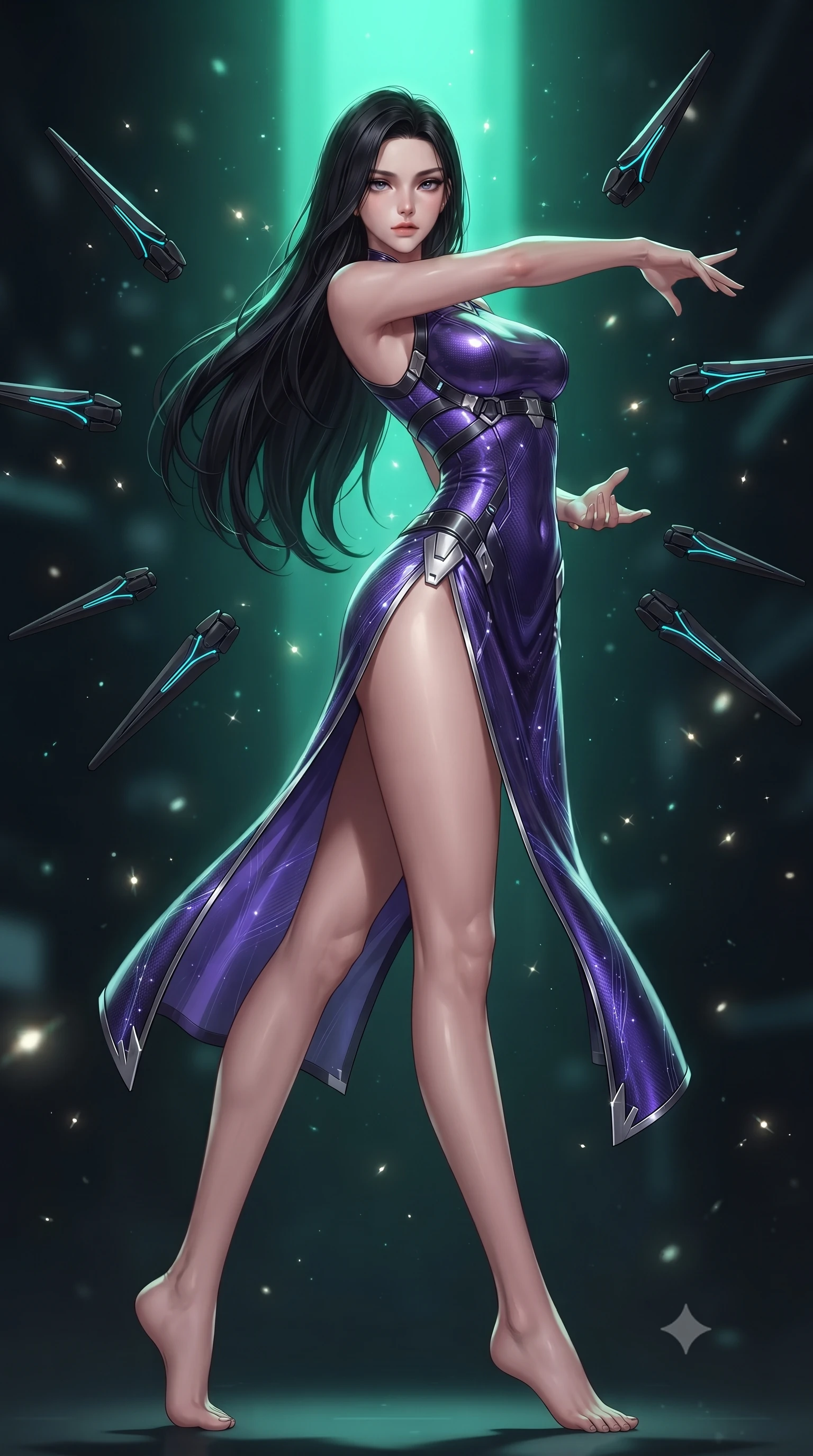 score_9, masterpiece, best quality, ultra-detailed, high-budget anime keyframe, editorial fashion photography, tasteful artistic composition, Korean woman. low angle full-body shot from head to toe showing her feet, filling the entire 9:16 vertical frame with her statuesque presence, stretching her vertical silhouette. arching her spine in a fluid zero-gravity combat turn with sovereign grace, her long slender legs and sculpted torso creating a sweeping line of power while arching her back gracefully with full draw-string tension, her long slender legs and torso creating a sweeping line of power. The composition keeps background elements in soft focus with creamy bokeh. sparkling photon arrow particles scattering soft glowing light motes across a dark technological backdrop. She has an absolutely perfect, statuesque 8.5-heads proportion, an exceptionally tall and slender model-like female figure with impossibly long slender legs, a toned flat midriff, and an ultra-slim waist. sharp v-shaped jawline, high-bridge nose, intricate jewel-like eyes with depth, thick eyelashes, glossy lips with a natural sheen, flawlessly proportioned anatomical accuracy, strict slender model proportions, natural body alignment, perfectly sculpted long slender limbs, ultra-slim waistline, clean dynamic posture without body distortion. wearing a precision-fitted royal purple carbon-fiber battle-dress with high-slit tactical skirt and silver accents, directing eight floating nano-crystal funnel blades with sovereign gestures in matte obsidian carbon black with electric cyan conduits, crafted from semi-translucent cybernetic carbon-vinyl interwoven with glowing micro-filaments, reinforced by a sleek titanium tactical harness and glowing micro-energy straps, the glove-like aerodynamic second-skin fit tightly clinging to her ultra-slender waist and athletic curves without adding bulk, accentuating her razor-sharp statuesque lines and slim hourglass silhouette. bathed in intense radiant emerald crystal core backlighting and glowing photon bow illumination. ultra-reflective glossy finish, specular highlights, dark metallic sheen, high-contrast stereoscopic depth, volumetric dynamic lighting, 2k, ultra detail, master piece, 9:16 ratio