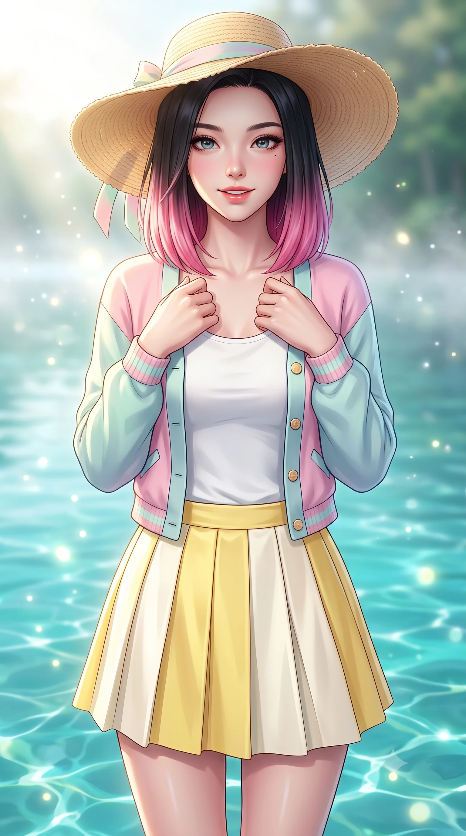 score_9, masterpiece, best quality, ultra-detailed, high-budget anime keyframe, semi-realistic 3D game render, editorial fashion photography, tasteful artistic composition, Korean woman. close-up cowboy shot from the waist and thighs up, the character dominates the composition, filling the frame with her large presence. holding her hands loosely near her heart with an enchanting, affectionate gaze looking directly into the lens while gazing into the crystal turquoise water with a delighted smile as sunbeams create dancing aquatic caustics. The composition keeps background elements in soft focus with creamy bokeh. shimmering water light refractions and drifting lake mist scattering soft glowing light motes. She has an exceptionally elegant, slender, and willowy female figure with an ultra-slim waist, a gracefully sculpted slender torso, toned flat midriff, and a refined slim silhouette. sharp v-shaped jawline, high-bridge nose, intricate jewel-like eyes with depth, thick eyelashes, glossy lips with a natural sheen, pure and lovely fresh girlhood expression, flawlessly proportioned anatomical accuracy, strict slender model proportions, natural body alignment, perfectly sculpted long slender limbs, ultra-slim waistline, clean dynamic posture without body distortion. wearing a chic pastel varsity cardigan over a simple white scoop-neck tee and a pleated mini skirt in fresh buttercup yellow and clean cream white, crafted from smooth fluid silk satin with a natural gentle sheen, paired with a wide-brim woven straw hat tied with a pastel ribbon, the body-hugging lightweight knit clinging delicately to her slender torso, accentuating her graceful neck and feminine lines. illuminated by soft morning mist backlighting and emerald water ambient bounce. highly saturated vibrant anime colors, detailed shading with soft gradients, rich glossy textures, high-contrast stereoscopic depth, volumetric dynamic lighting, master piece, 9:16 ratio