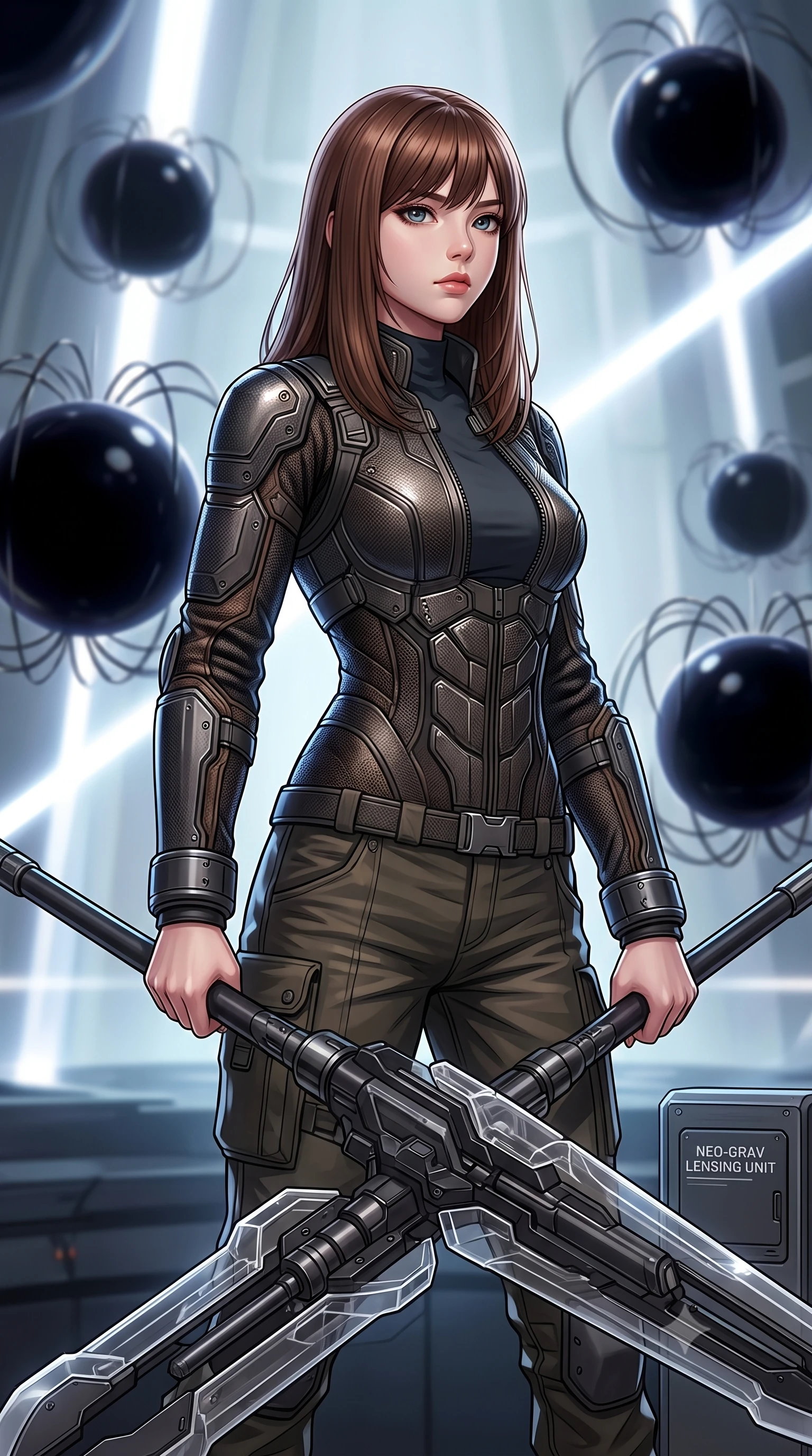 score_9, masterpiece, best quality, ultra-detailed, high-budget anime keyframe, editorial fashion photography, tasteful artistic composition, Korean woman. close-up cowboy shot from the waist and thighs up, the character dominates the composition, filling the frame with her large presence, background elements kept in soft focus. holding a deactivated nanotech glaive, looking past the camera with quiet, sharp focus and a composed expression, the background shows a soft-focus a gravity lensing chamber filled with floating obsidian spheres. She has an exceptionally elegant, slender, and willowy female figure with an ultra-slim waist, a gracefully sculpted slender torso, and a refined silhouette. sharp v-shaped jawline, high-bridge nose, intricate jewel-like eyes with depth, thick eyelashes, glossy lips with a natural sheen. wearing a form-contouring heavy carbon-plated defender jacket with reinforced cuffs, worn over a black mock-neck shirt and utility trousers. high-contrast chiaroscuro shadows created by white laser confinement beams. highly saturated vibrant anime colors, detailed shading with soft gradients, rich glossy textures, high-contrast stereoscopic depth, volumetric dynamic lighting, master piece, 9:16 ratio
