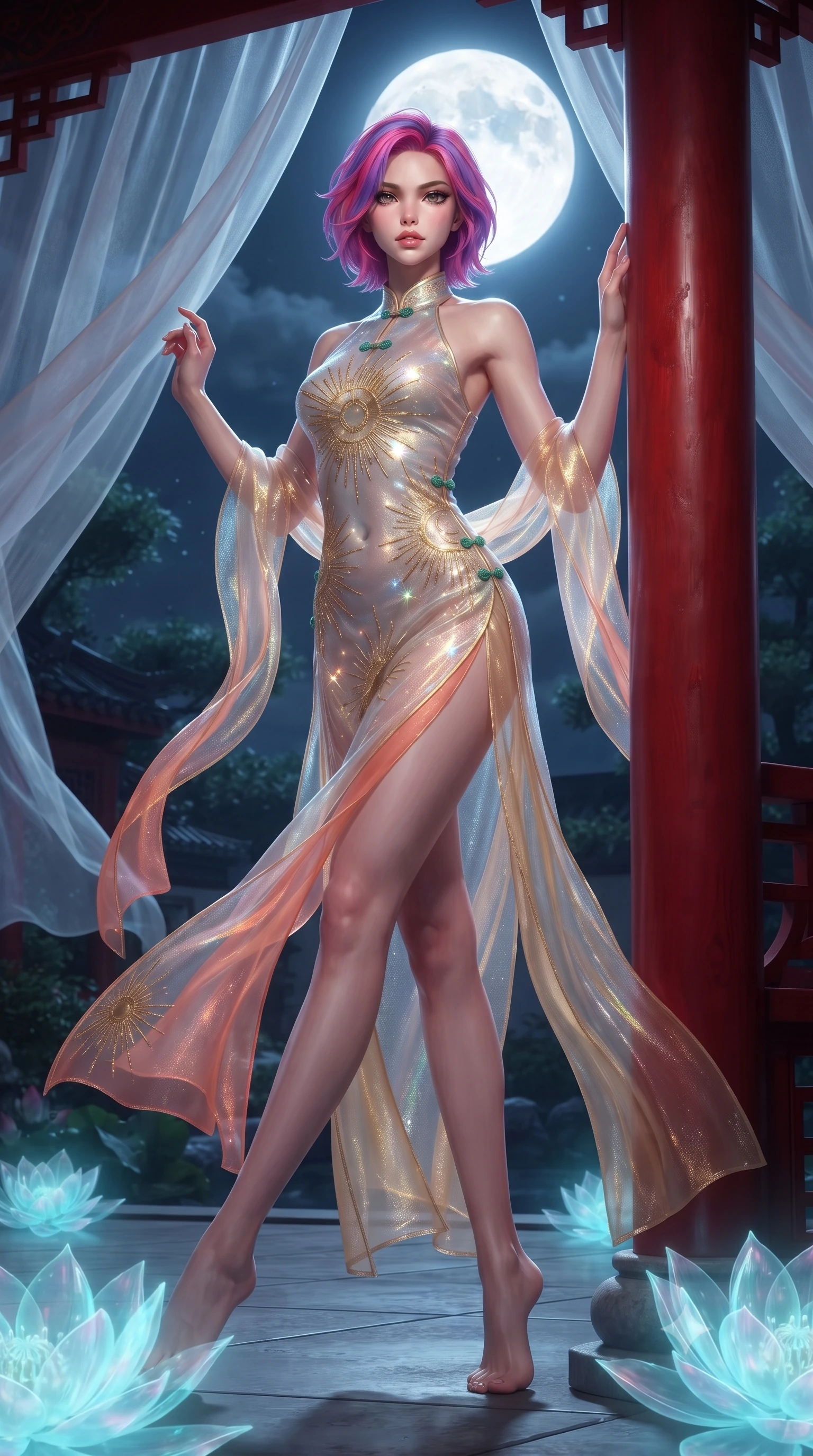 score_9, masterpiece, best quality, ultra-detailed, high-budget anime keyframe, editorial fashion photography, tasteful artistic composition, Caucasian woman. low angle full-body shot from head to toe showing her feet, filling the entire 9:16 vertical frame with her statuesque presence, stretching her vertical silhouette. pivoting dynamically with supreme athletic balance and poise, her impossibly long slender legs creating a breathtaking line while leaning against the scarlet pillar of a moonlit silk gazebo as translucent organza curtains sway in the night breeze. The surrounding environment is rendered in vivid detail and crisp panoramic clarity. transcendent nocturnal oriental chiaroscuro and magical moonlit garden architecture in precision. She has an absolutely perfect, statuesque 8.5-heads proportion, an exceptionally tall and slender model-like female figure with impossibly long slender legs, a toned flat midriff, and an ultra-slim waist. sharp v-shaped jawline, high-bridge nose, intricate jewel-like eyes with depth, thick eyelashes, glossy lips with a natural sheen, captivating and magnetic expression, flawlessly proportioned anatomical accuracy, strict slender model proportions, natural body alignment, perfectly sculpted long slender limbs, ultra-slim waistline, clean dynamic posture without body distortion. wearing a celestial priestess halter gown with golden sunburst embroidery and sheer leg veils in sunrise coral and champagne gold, crafted from weightless prism organza that refracts light with every motion, finished with genuine jade button closures and floating celestial silk ribbons, the sleek tailored cut tightly hugging her graceful clavicle, narrow waist, and feminine curves with statuesque precision. bathed in radiant silver-white full moon backlighting and soft cyan holographic lotus glow. ultra-reflective glossy finish, specular highlights, rich textural contrasts, high-contrast stereoscopic depth, volumetric dynamic lighting, 2k, ultra detail, master piece, 9:16 ratio