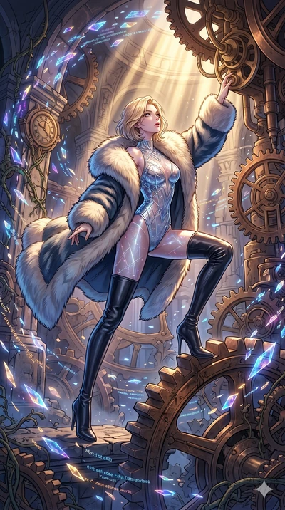 score_9, masterpiece, best quality, ultra-detailed, high-budget anime movie keyframe, cinematic anime lighting, intricate line art, Korean woman. Dynamic full-body shot stretching the vertical silhouette across the 9:16 frame. exploring lost ruins in