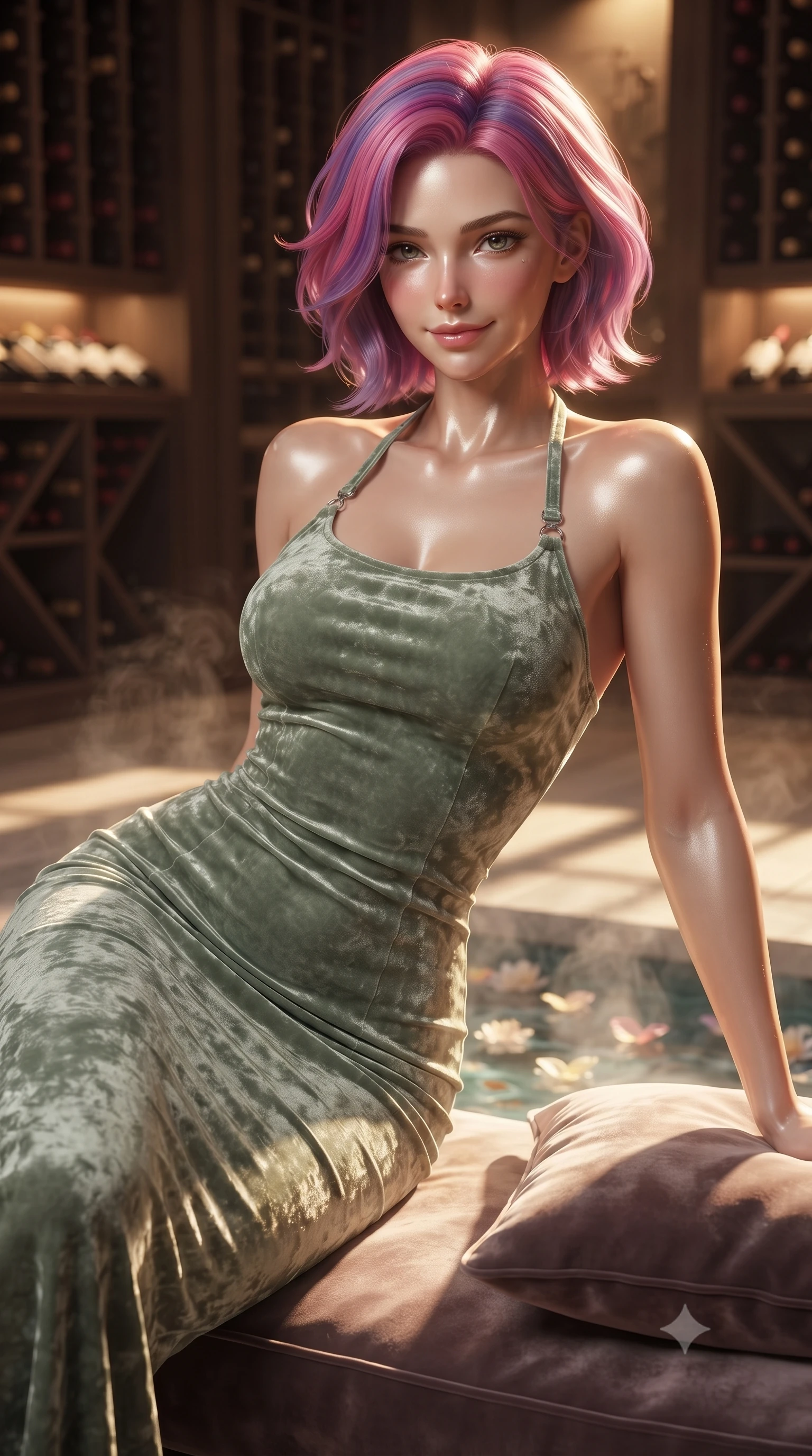 score_9, masterpiece, best quality, ultra-detailed, high-budget anime keyframe, editorial fashion photography, tasteful artistic composition, Caucasian woman. close-up cowboy shot from the waist and thighs up, the character dominates the composition, filling the frame with her large presence, background elements kept in soft focus. arching her back slightly while resting her elbow on a plush cushion, flashing a soft, sensual half-smile set against a soft-focus background of inside an exclusive wine cellar alcove with rising mineral steam and floating flower petals on the clear water surface. She has an exceptionally elegant, slender, and willowy female figure with an ultra-slim waist, a gracefully sculpted slender torso, and a refined silhouette. sharp v-shaped jawline, high-bridge nose, intricate jewel-like eyes with depth, thick eyelashes, glossy lips with a natural sheen. wearing body-hugging sage green crushed velvet form-contouring cashmere halter dress tracing her statuesque physique accented with delicate silver hardware. bathed in warm golden hour sunbeams that cast long, romantic shadows across the floor. ultra-reflective glossy finish, specular highlights, metallic sheen, high-contrast stereoscopic depth, volumetric dynamic lighting, 2k, ultra detail, master piece, 9:16 ratio
