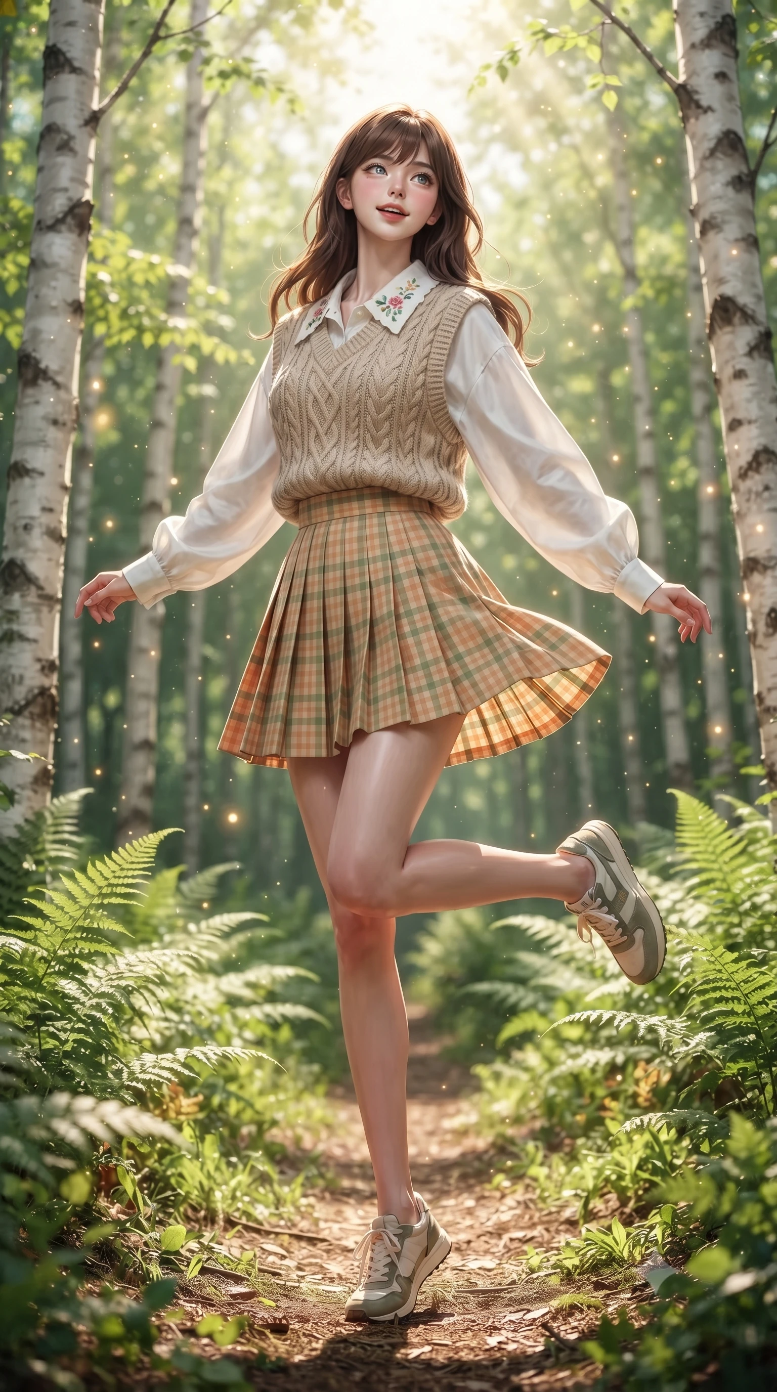 score_9, masterpiece, best quality, ultra-detailed, high-budget anime keyframe, editorial fashion photography, tasteful artistic composition, Korean woman. low angle full-body shot from head to toe showing her feet, filling the entire 9:16 vertical frame with her statuesque presence, stretching her vertical silhouette. standing poised on one leg with a playful hop and joyful expression, her long legs and slender figure highlighted against the landscape while strolling happily along a sun-dappled forest path surrounded by slender white birch trunks and lush emerald ferns. The composition keeps background elements in soft focus with creamy bokeh. dappled sunbeams filtering through tree leaves scattering celestial golden light motes. She has an absolutely perfect, statuesque 8.5-heads proportion, an exceptionally tall and slender model-like female figure with impossibly long slender legs, a toned flat midriff, and an ultra-slim waist. sharp v-shaped jawline, high-bridge nose, intricate jewel-like eyes with depth, thick eyelashes, glossy lips with a natural sheen, pure and lovely fresh girlhood expression, flawlessly proportioned anatomical accuracy, strict slender model proportions, natural body alignment, perfectly sculpted long slender limbs, ultra-slim waistline, clean dynamic posture without body distortion. wearing a cozy cable-knit sweater vest layered over an oversized crisp white shirt and a pleated tennis skirt in warm apricot and sage green, crafted from soft breathable linen that flutters gently in the breeze, complemented by subtle floral embroidery along the neckline and hem, the breezy lightweight fabric fluttering softly against her delicate collarbones, narrow waist, and feminine curves. surrounded by a pure, healing, and magically enchanting forest fairy maiden aura. ultra-reflective glossy finish, specular highlights, rich natural textures, high-contrast stereoscopic depth, volumetric dynamic lighting, 2k, ultra detail, master piece, 9:16 ratio