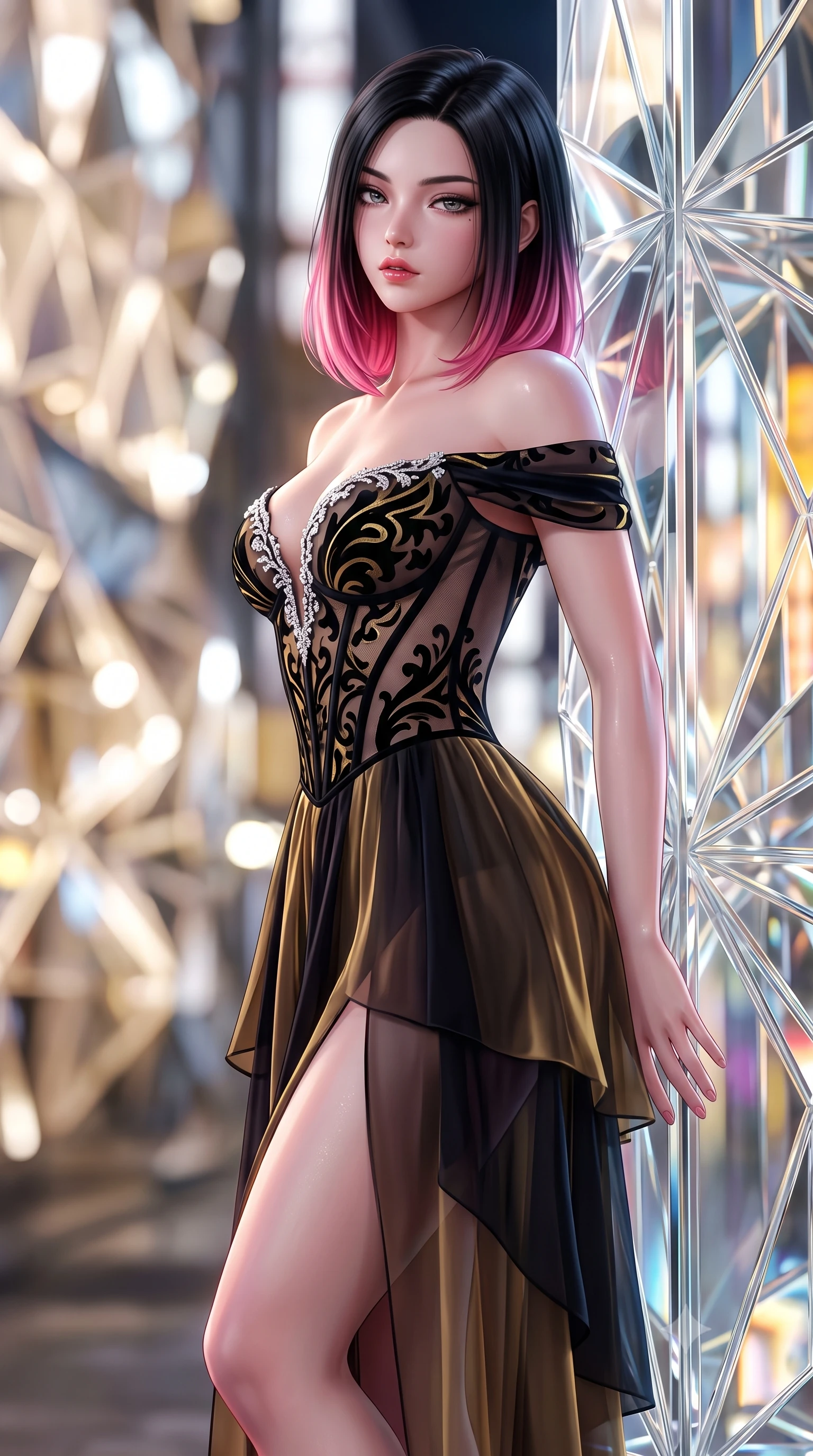 score_9, masterpiece, best quality, ultra-detailed, high-budget anime keyframe, semi-realistic 3D game render, editorial fashion photography, tasteful artistic composition, Korean woman. close-up cowboy shot from the waist and thighs up, the character dominates the composition, filling the frame with her large presence. twisting her slender torso in a deep contrapposto stance, hips dramatically shifted to accentuate her feminine curves while looking past her shoulder with smoldering bedroom-eyes while leaning against a multi-faceted crystalline glass pillar inspired by origami folds, arching her lower back with high-fashion sovereign poise. The composition keeps background elements in soft focus with creamy bokeh. intricate geometric origami glass facets and glittering Ginza boulevard neon signs blurred into champagne, diamond-white, and electric amber bokeh. She has an exceptionally elegant, slender, and willowy female figure with an ultra-slim waist, flat toned midriff, narrow ribcage, and sculpted feminine hips creating an alluring, slim hourglass silhouette without bulk. sharp v-shaped jawline, high-bridge nose, intricate jewel-like eyes with depth, thick eyelashes, glossy parted lips with a natural sheen, intensely captivating and seductive bedroom-eyes expression, flawlessly proportioned anatomical accuracy, strict slender model proportions, natural body alignment, perfectly sculpted long slender limbs, ultra-slim waistline, clean dynamic posture without body distortion. wearing an off-shoulder French court corset bodice dress paired with a tiered translucent chiffon slit skirt in midnight obsidian black and liquid gold, made of sheer contouring power-mesh with velvet flocking patterns, finished with delicate crystal frost embroidery tracing the plunging neckline, the form-contouring material adhering flawlessly to her sculpted flat midriff and slender torso, emphasizing her long leg lines and perfectly proportioned willowy build. bathed in pure, diffused designer architectural lighting and vibrant Tokyo street neon reflections. highly saturated vibrant anime colors, detailed shading with soft gradients, rich glossy textures, high-contrast stereoscopic depth, volumetric dynamic lighting, master piece, 9:16 ratio