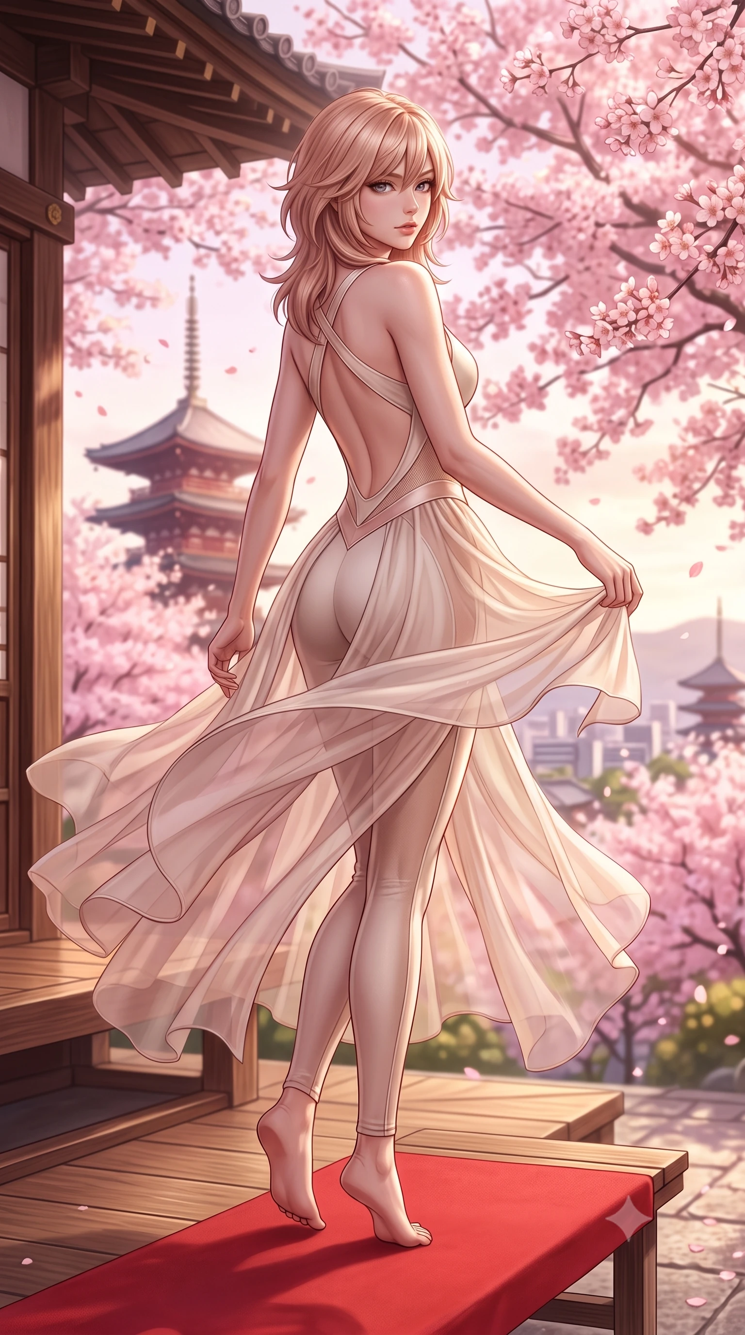 score_9, masterpiece, best quality, ultra-detailed, high-budget anime keyframe, semi-realistic 3D game render, editorial fashion photography, tasteful artistic composition, Japanese woman. low angle full-body shot from head to toe showing her feet, filling the entire 9:16 vertical frame with her statuesque presence, stretching her vertical silhouette. executing an elegant mid-motion pivot turn as garments swirl around her slender limbs, glancing over her shoulder with an intoxicating bedroom-gaze while reclining on a red felt bench beside the temple hall, her long slender legs and narrow waist highlighted against the distant Kyoto city skyline. The composition keeps background elements in soft focus with creamy bokeh. endless canopy of blooming pink sakura cherry blossoms and distant Kyoto pagoda spires blurred into soft rose-pink, gold, and spring-green bokeh. She has an exceptionally tall and slender model-like 8.5-heads proportion, an ultra-slim waist, a flat toned midriff, narrow delicate ribcage, and beautifully sculpted feminine hips creating a graceful, slim hourglass silhouette without any bulky heaviness, with impossibly long slender legs. sharp v-shaped jawline, high-bridge nose, intricate jewel-like eyes with depth, thick eyelashes, glossy parted lips with a natural sheen, intensely captivating and seductive bedroom-eyes expression, flawlessly proportioned anatomical accuracy, strict slender model proportions, natural body alignment, perfectly sculpted long slender limbs, ultra-slim waistline, clean dynamic posture without body distortion. wearing a second-skin compression catsuit with an open back and sheer mesh side waist contouring in vintage champagne ivory and delicate rose gold, woven from layered gossamer chiffon with a weightless sweeping drape, finished with criss-cross back satin straps highlighting her graceful shoulder blades, the dramatically scooped open back descending to the base of her spine, accentuating her razor-sharp statuesque lines and slim hourglass silhouette. illuminated by warm wooden deck bounce light sculpting her razor-sharp jawline, narrow waist, and curvy hips. highly saturated vibrant anime colors, detailed shading with soft gradients, rich glossy textures, high-contrast stereoscopic depth, volumetric dynamic lighting, master piece, 9:16 ratio