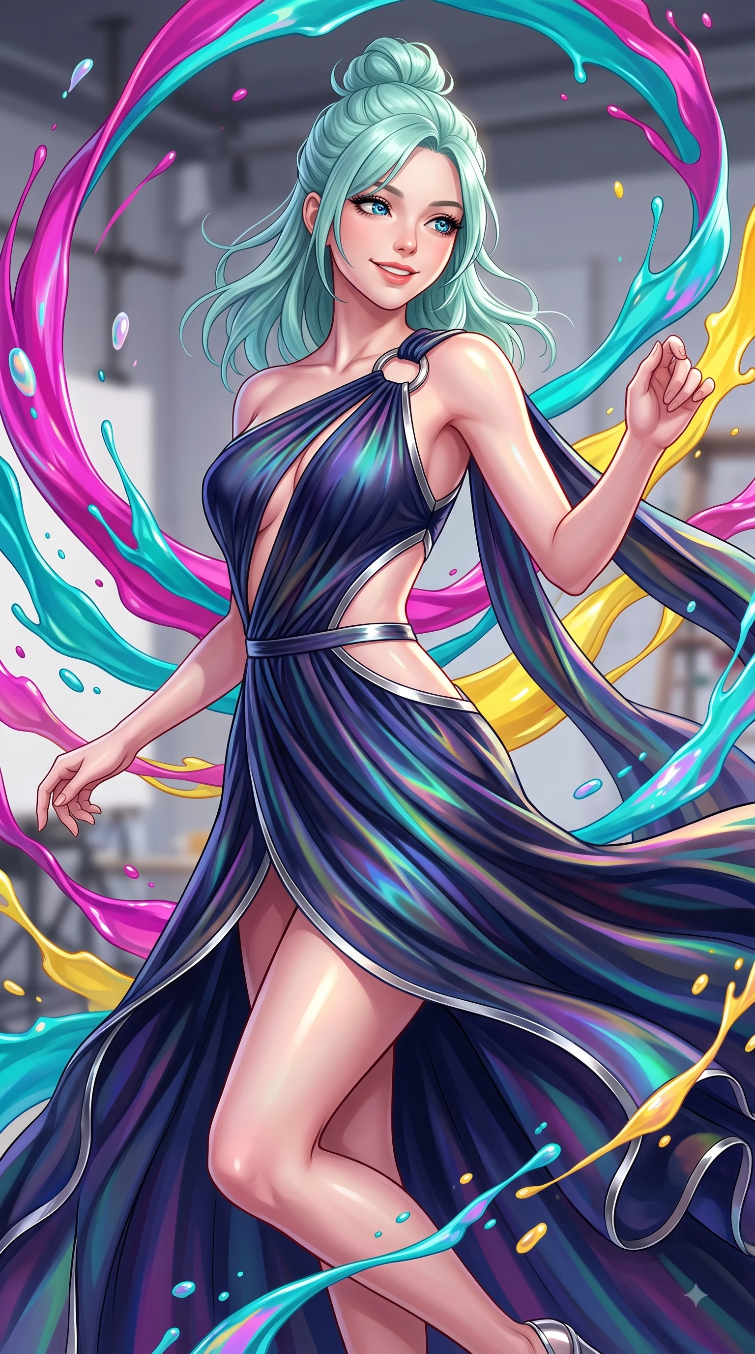 score_9, masterpiece, best quality, ultra-detailed, high-budget anime keyframe, editorial fashion photography, tasteful artistic composition, Japanese woman. close-up cowboy shot from the waist and thighs up, the character dominates the composition, filling the frame with her large presence, background elements kept in soft focus. Warm delightful smile while casting a playful, joyful side-gaze with heavy lashes and a glowing expression while spinning joyfully amidst swirling ribbons of magenta, turquoise, and yellow liquid acrylic paint, vibrant ribbons of opal paint and color splashes frozen in mid-air around her figure. She has an exceptionally elegant, slender, and willowy female figure with an ultra-slim waist, a gracefully sculpted slender torso, and a refined silhouette. sharp v-shaped jawline, high-bridge nose, intricate jewel-like eyes with depth, thick eyelashes, glossy lips with a natural sheen, flawlessly proportioned anatomical accuracy, natural body alignment, perfectly sculpted elegant limbs, clean dynamic posture without body distortion. wearing an asymmetrical Grecian draped chiffon gown with a metallic shoulder ring in midnight navy blue and chrome trim, crafted from iridescent chiffon that shifts colors in the light, featuring clean architectural cutouts along her slender torso, the sleek second-skin texture accentuating her magnetic presence. bathed in high-contrast vibrant studio lighting with sharp cheerful specular highlights. highly saturated vibrant anime colors, detailed shading with soft gradients, rich glossy textures, high-contrast stereoscopic depth, volumetric dynamic lighting, master piece, 9:16 ratio