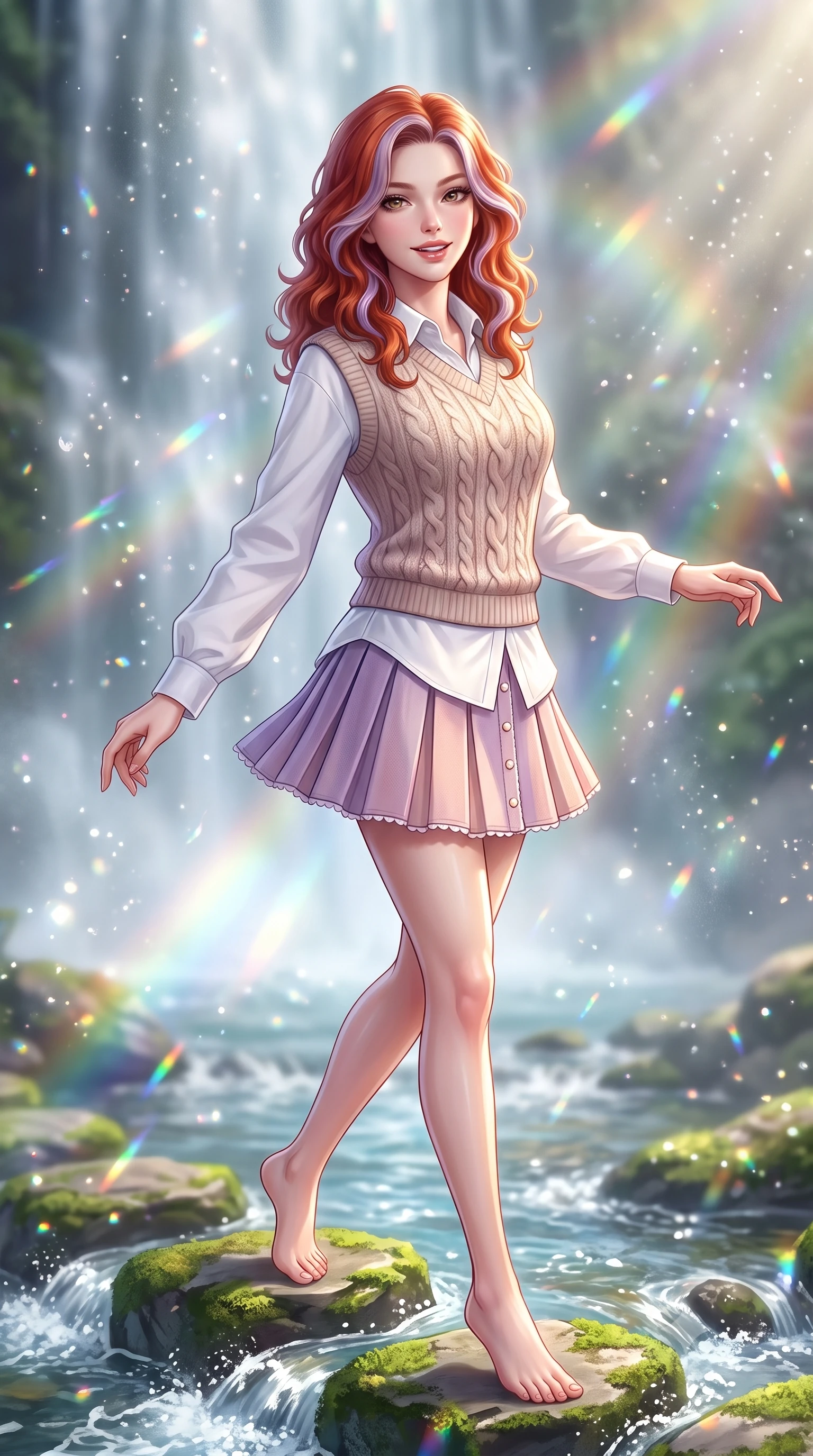score_9, masterpiece, best quality, ultra-detailed, high-budget anime keyframe, semi-realistic 3D game render, editorial fashion photography, tasteful artistic composition, Caucasian woman. close-up cowboy shot from the waist and thighs up, the character dominates the composition, filling the frame with her large presence. smiling warmly with slightly parted glossy lips and a lovely expression, her upper body turning dynamically toward the camera while stepping lightly across mossy stepping stones over a bubbling creek, her balance effortlessly graceful and poised. The composition keeps background elements in soft focus with creamy bokeh. sparkling waterfall mist and floating forest moisture scattering shimmering rainbow light motes. She has an exceptionally elegant, slender, and willowy female figure with an ultra-slim waist, a gracefully sculpted slender torso, toned flat midriff, and a refined slim silhouette. sharp v-shaped jawline, high-bridge nose, intricate jewel-like eyes with depth, thick eyelashes, glossy lips with a natural sheen, pure and lovely fresh girlhood expression, flawlessly proportioned anatomical accuracy, strict slender model proportions, natural body alignment, perfectly sculpted long slender limbs, ultra-slim waistline, clean dynamic posture without body distortion. wearing a cozy cable-knit sweater vest layered over an oversized crisp white shirt and a pleated tennis skirt in subtle lilac violet and soft rose gold, tailored from soft pastel lightweight wool blend with subtle texture, finished with delicate scallop trims and tiny pearl buttons, the breezy lightweight fabric fluttering softly against her delicate collarbones, narrow waist, and feminine curves. bathed in ethereal sunbeams piercing through waterfall mist, creating radiant rainbow refractions. highly saturated vibrant anime colors, detailed shading with soft gradients, rich glossy textures, high-contrast stereoscopic depth, volumetric dynamic lighting, master piece, 9:16 ratio