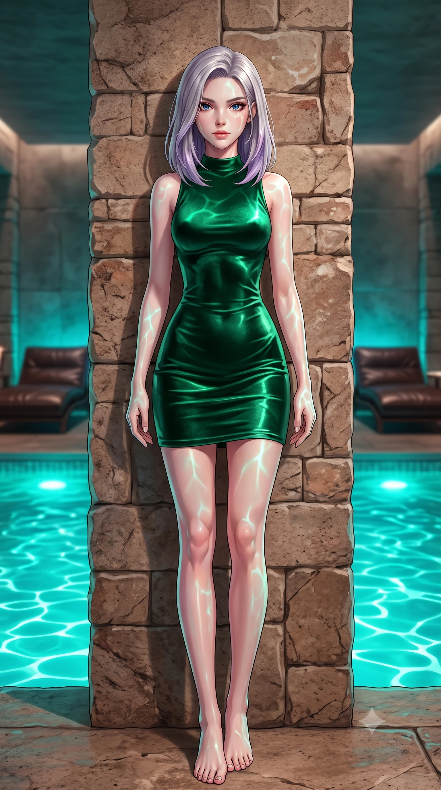 score_9, masterpiece, best quality, ultra-detailed, high-budget anime keyframe, editorial fashion photography, tasteful artistic composition, Caucasian woman. low angle full-body shot from head to toe showing her feet, filling the entire 9:16 vertical frame with her statuesque presence, stretching her vertical silhouette. leaning back against a rustic stone wall, casting a slow, alluring gaze at the camera the background shows a soft-focus a futuristic pool room with glowing turquoise water and dark leather lounges. She has an absolutely perfect, statuesque 8.5-heads proportion, an exceptionally tall and slender model-like female figure with impossibly long slender legs and an ultra-slim waist. sharp v-shaped jawline, high-bridge nose, intricate jewel-like eyes with depth, thick eyelashes, glossy lips with a natural sheen. wearing a form-contouring body-hugging emerald green velvet dress with a simple mock-neck collar. rippling water light reflections mapping across her features from below. highly saturated vibrant anime colors, detailed shading with soft gradients, rich glossy textures, high-contrast stereoscopic depth, volumetric dynamic lighting, master piece, 9:16 ratio