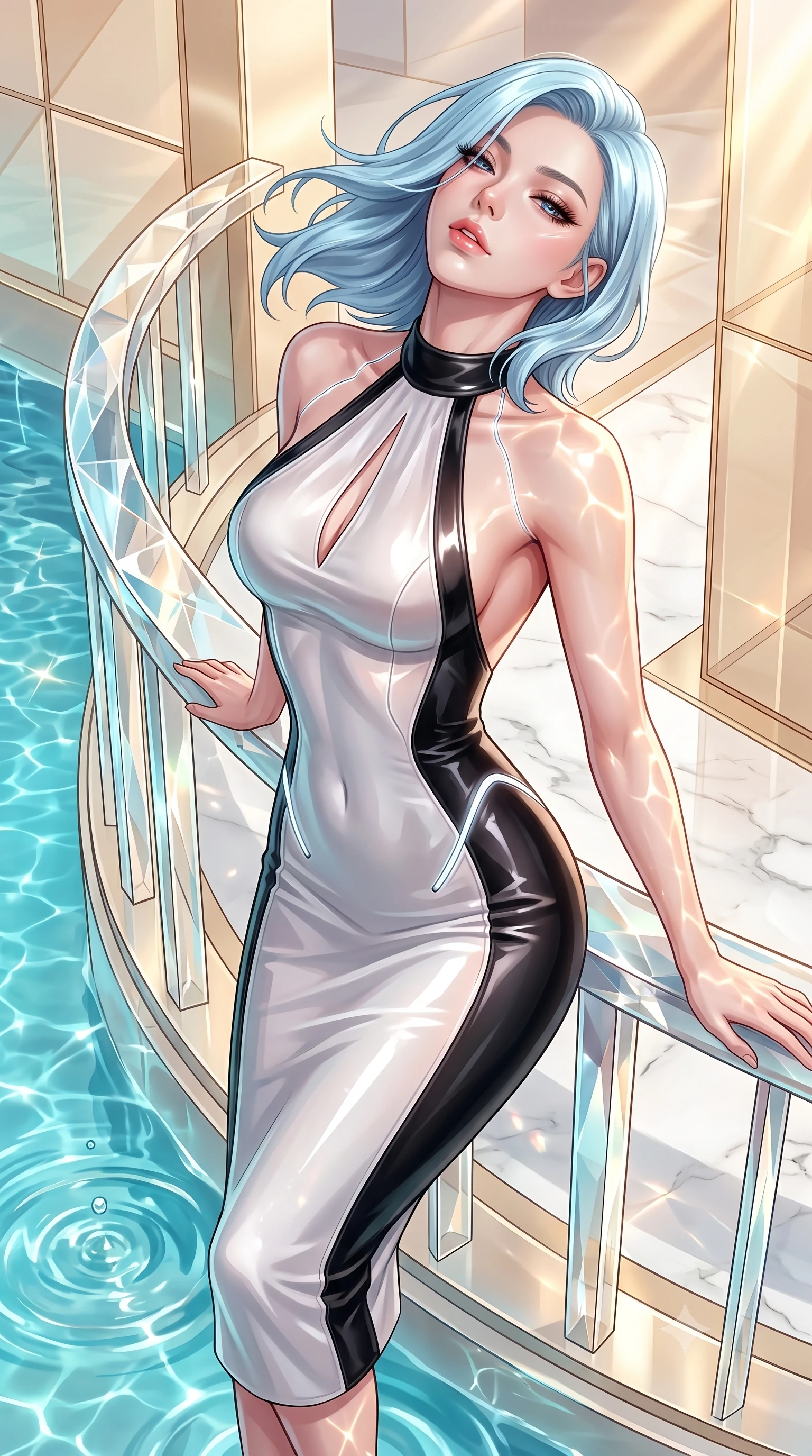 score_9, masterpiece, best quality, ultra-detailed, high-budget anime keyframe, semi-realistic 3D game render, editorial fashion photography, tasteful artistic composition, Korean woman. close-up cowboy shot from the waist and thighs up, the character dominates the composition, filling the frame with her large presence. tilting her head back with a sensual alluring expression, exposing her throat and shoulders to the camera with heavy lashes and softly parted glossy lips while leaning seductively against a curved crystal balustrade with sunlight reflecting off her glossy skin. The surrounding environment is rendered in vivid detail and crisp panoramic clarity. crisp champagne glass panel geometries, clear turquoise water ripples, and polished white stone in deep focus. She has an exceptionally elegant, slender, and willowy female figure with an ultra-slim waist, a gracefully sculpted slender torso, toned flat midriff, and a refined slim silhouette. sharp v-shaped jawline, high-bridge nose, intricate jewel-like eyes with depth, thick eyelashes, glossy lips with a natural sheen, flawlessly proportioned anatomical accuracy, strict slender model proportions, natural body alignment, perfectly sculpted long slender limbs, ultra-slim waistline, clean dynamic posture without body distortion. wearing a velvet halter-neck midi dress fitting her statuesque contour flawlessly with a Tasteful chest slit and open spine in high-gloss monochrome white and sharp black contrast, tailored from semi-translucent cybernetic vinyl with glowing micro-filaments, accented with glowing fiber-optic seams tracing her collarbones and hip curves, the form-contouring material adhering flawlessly to her sculpted flat midriff and slender torso, emphasizing her long leg lines and perfectly proportioned willowy build. bathed in warm champagne-gold sunbursts and sparkling aquatic water refractions. highly saturated vibrant anime colors, detailed shading with soft gradients, rich glossy textures, high-contrast stereoscopic depth, volumetric dynamic lighting, master piece, 9:16 ratio