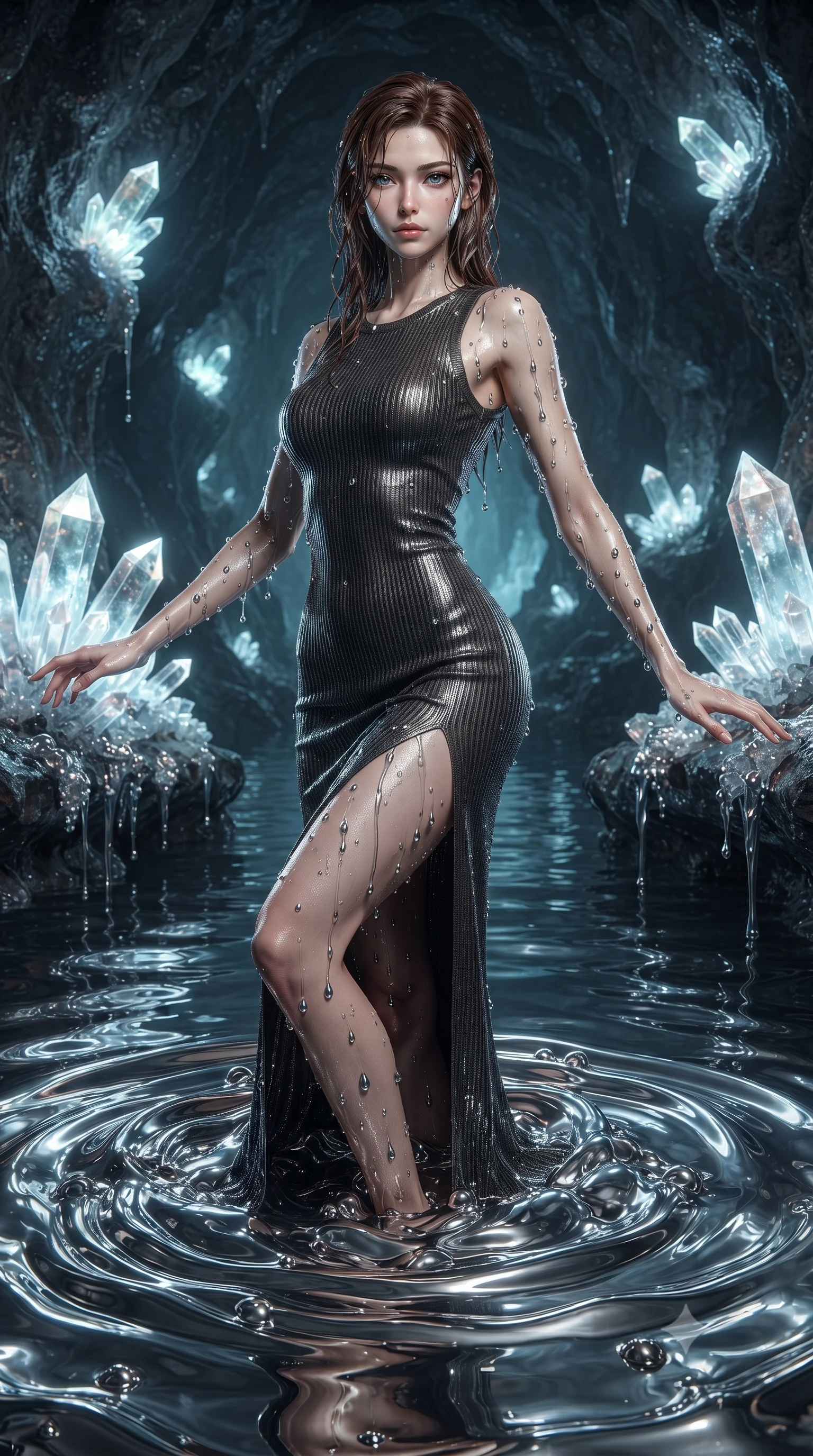 score_9, masterpiece, best quality, ultra-detailed, High-budget Anime Keyframe, editorial fashion photography, tasteful artistic composition, realistic cosplay photography, East Asian woman. Dynamic full-body shot stretching the vertical silhouette to the limit. Scenario 330: rising from a pool of mercury-like liquid, droplets rolling off her skin, in an underground cave lined with glowing quartz crystals and deep pools. Her presence is magnetic and overpowering in this high-budget cinematic scene. Outfit 330: a slim-fit ribbed bodycon knit mesh with a thigh-high slit and wet-look texture. The clothing is designed to emphasize her exceptionally tall and slender 8-heads proportion. 8-heads proportion, towering silhouette, ultra-slim waist. sharp v-shaped jawline, intricate jewel-like eyes with depth, thick eyelashes, glossy lips. ultra-reflective glossy finish, specular highlights, metallic sheen, high-contrast stereoscopic depth, volumetric dynamic lighting, 2k, ultra detail, master piece, 9:16 ratio