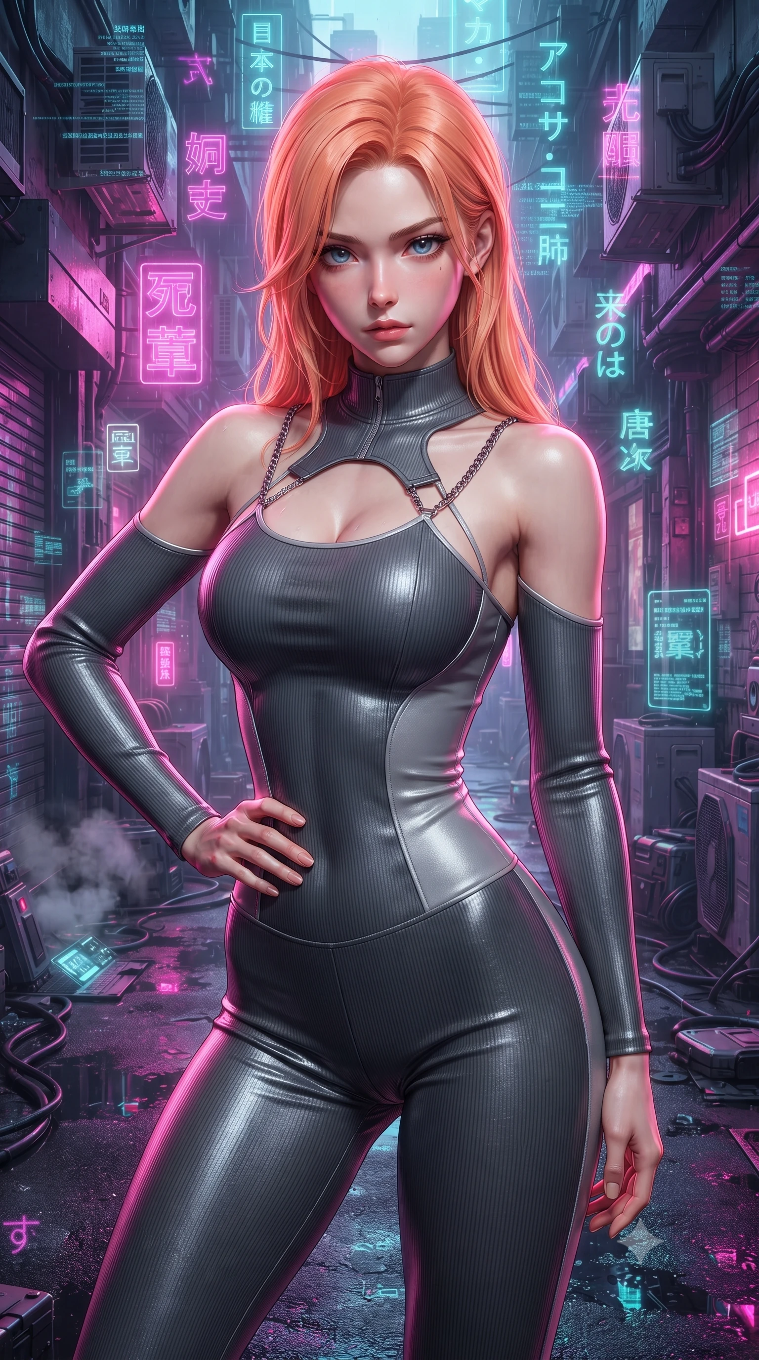 score_9, masterpiece, best quality, ultra-detailed, high-budget anime keyframe, editorial fashion photography, tasteful artistic composition, Japanese woman. close-up cowboy shot from the waist and thighs up, the character dominates the composition, filling the frame with her large presence, background elements kept in soft focus. Holding a confident power pose with one hand on her hip, gazing directly into the camera with quiet intensity navigating a narrow cybernetic alleyway filled with floating neon Japanese glyphs, wet asphalt reflecting glowing pink, purple, and aqua neon light bars. She has an exceptionally elegant, slender, and willowy female figure with an ultra-slim waist, a gracefully sculpted slender torso, and a refined silhouette. sharp v-shaped jawline, high-bridge nose, intricate jewel-like eyes with depth, thick eyelashes, glossy lips with a natural sheen. wearing a form-fitting ribbed activewear set with collar cutouts in charcoal grey and platinum, formed from sleek second-skin neoprene, adorned with delicate metallic chain straps along the neckline, the sleek second-skin texture accentuating her magnetic presence. drenched in intense neon magenta and cyan rim light with dark contrast. highly saturated vibrant anime colors, detailed shading with soft gradients, rich glossy textures, high-contrast stereoscopic depth, volumetric dynamic lighting, master piece, 9:16 ratio