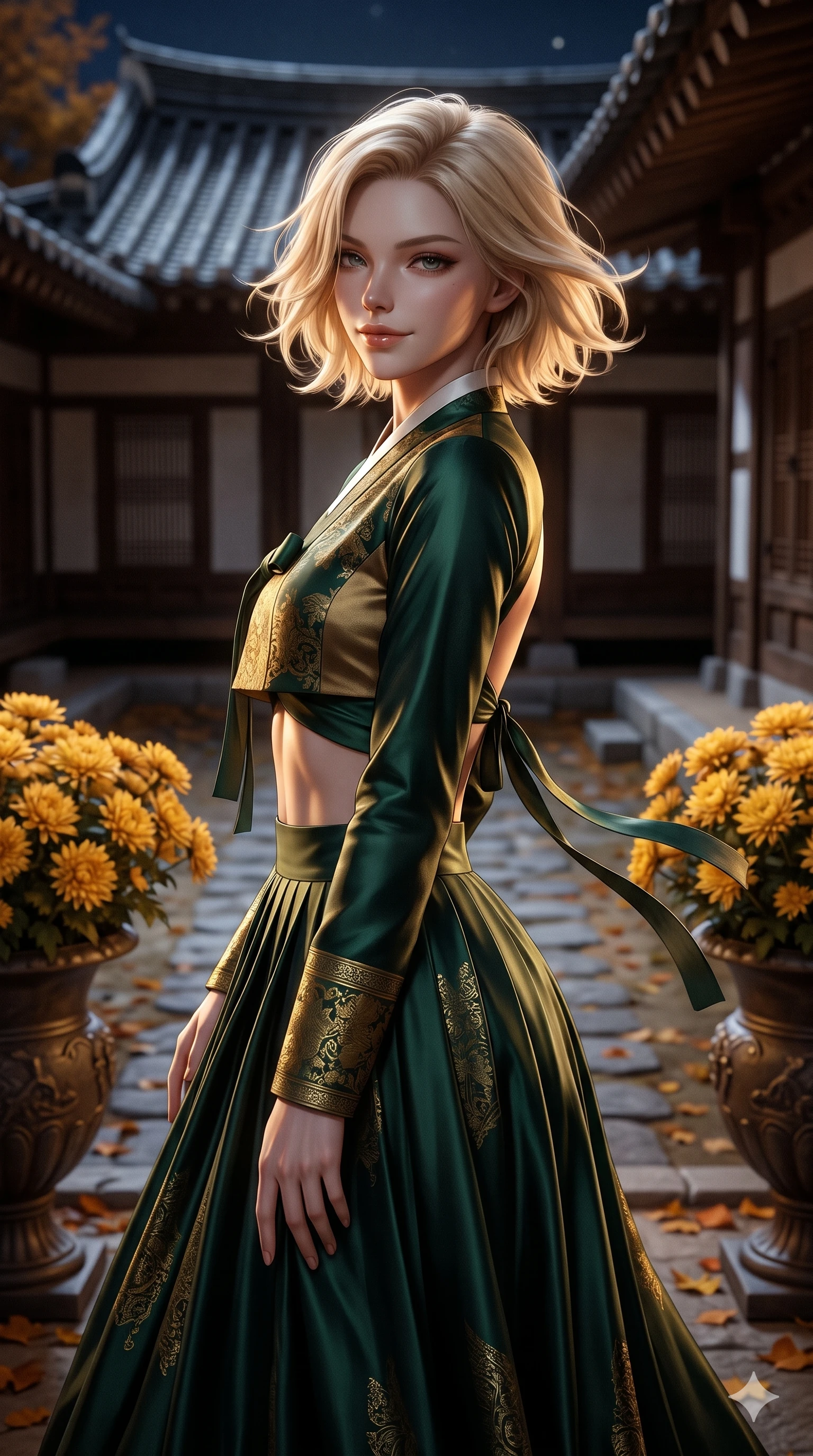 score_9, masterpiece, best quality, ultra-detailed, high-budget anime keyframe, semi-realistic 3D game render, editorial fashion photography, tasteful artistic composition, Caucasian woman. close-up cowboy shot from the waist and thighs up, the character dominates the composition, filling the frame with her large presence. turning slowly with an enchanting smoldering smile, her glossy hair tossing in the breeze as her hips angle gracefully in a captivating contrapposto while twisting her slender torso in an alluring contrapposto stance between golden chrysanthemum urns, warm moonlight tracing her flat midriff. The background shows a soft-focus historic Korean hanok courtyard softened in tranquil autumn night shallow focus. She has an exceptionally elegant, slender, and willowy female figure with an ultra-slim waist, flat toned midriff, narrow ribcage, and sculpted feminine hips creating an alluring, slim hourglass silhouette without bulk. sharp v-shaped jawline, high-bridge nose, sparkling eyes with hypnotic seductive depth, thick curled eyelashes, glossy parted lips with a natural dewy peach sheen, alluring bedroom-eyes with an enchanting coquettish smile, exuding magnetic siren charisma and sophisticated glamour, flawlessly proportioned anatomical accuracy, strict slender model proportions, natural body alignment, perfectly sculpted long slender limbs, ultra-slim waistline, clean dynamic posture without body distortion. wearing an elegant long-sleeve embroidered silk chima gown with a structured jeogori bodice and graceful pleated drape in dark emerald forest and brushed antique gold, tailored from smooth liquid silk satin with a natural dewy moonlight sheen, finished with long silk ribbon ties fluttering down her bare spine from a backless halter, the impeccably tailored cut draping gracefully along her slender figure with aristocratic eastern poise. bathed in crisp autumn moonlight washing across curved clay roof tiles and stone courtyards. highly saturated vibrant anime colors, detailed shading with soft gradients, rich glossy textures, high-contrast stereoscopic depth, volumetric dynamic lighting, master piece, 9:16 ratio