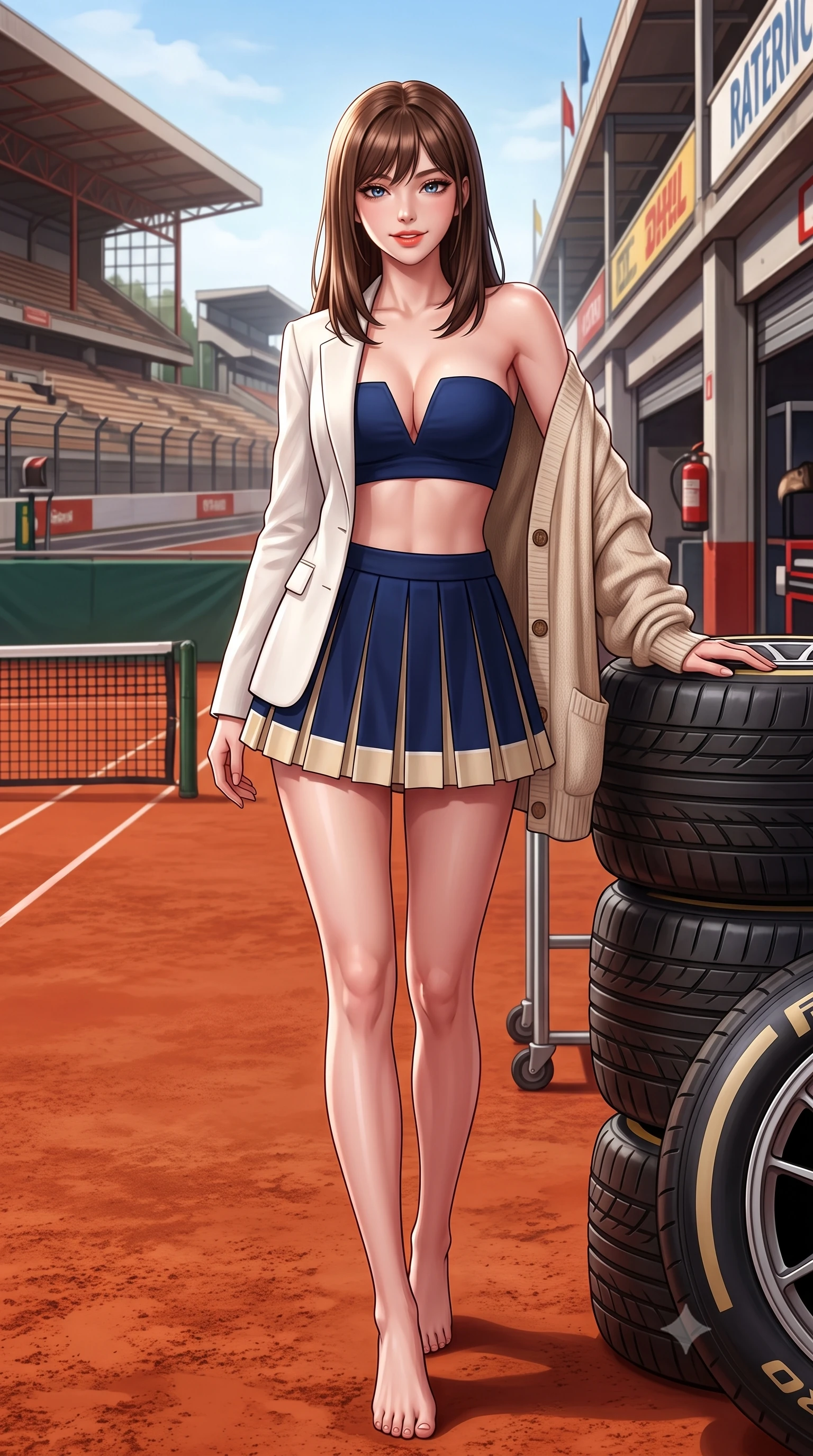 score_9, masterpiece, best quality, ultra-detailed, high-budget anime keyframe, semi-realistic 3D game render, editorial fashion photography, tasteful artistic composition, Korean woman. low angle full-body shot from head to toe showing her feet, filling the entire 9:16 vertical frame with her statuesque presence, stretching her vertical silhouette. walking slowly along the clay court baseline, looking back over her shoulder with an air of effortless grace and an alluring, smoldering smile while leaning against the pit wall tire stack with hips cocked back, looking over a bare shoulder with an intoxicating, adrenaline-charged smile. The surrounding environment is rendered in vivid detail and crisp panoramic clarity: detailed racing jacket embroidery, misty droplets on visor, and historic Belgian circuit infrastructure in high resolution. She has an absolutely perfect, statuesque 8.5-heads proportion, an exceptionally tall and slender model-like female figure with impossibly long slender legs, an ultra-slim waist, a flat toned midriff, narrow delicate ribcage, and beautifully sculpted feminine hips creating a graceful, slim hourglass silhouette without any bulky heaviness. sharp v-shaped jawline, high-bridge nose, sparkling eyes with athletic focus and depth, thick curled eyelashes, glossy parted lips with a natural coral-peach sheen, bright confident and coquettish smile with alluring bedroom-eyes, exuding both youthful sporty vigor and sovereign high-society glamour, flawlessly proportioned anatomical accuracy, strict slender model proportions, natural body alignment, perfectly sculpted long slender limbs, ultra-slim waistline, clean dynamic posture without body distortion. wearing a tailored white blazer worn open over a plunging racing bandeau top and pleated tennis micro-skirt in Monaco navy blue and cream champagne gold, tailored from ultra-soft fine cashmere yarn with an airy athletic drape, complemented by an oversized cashmere knit cardigan slipping off one bare shoulder, the form-contouring athletic cut accentuating her sculpted flat midriff, narrow delicate ribcage, and gracefully curvy hips with supermodel precision. illuminated by track reflections and sharp crystalline rim lights carving her razor-sharp jawline, narrow waist, and curvy hips. highly saturated vibrant anime colors, detailed shading with soft gradients, rich glossy textures, high-contrast stereoscopic depth, volumetric dynamic lighting, master piece, 9:16 ratio