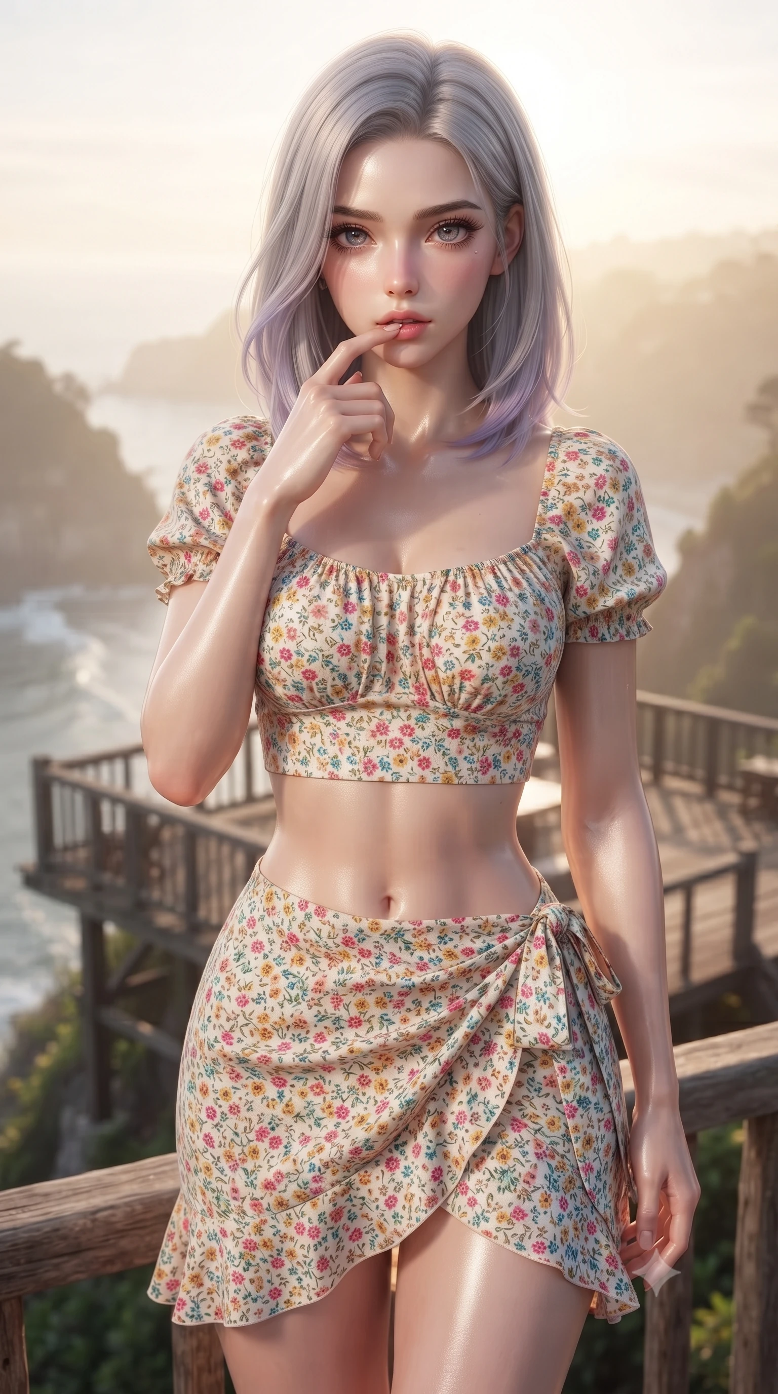 score_9, masterpiece, best quality, ultra-detailed, high-budget anime keyframe, editorial fashion photography, tasteful artistic composition, Caucasian woman woman. close-up cowboy shot from the waist and thighs up, the character dominates the composition, filling the frame with her large presence, background elements kept in soft focus. pressing one finger to her bottom lip in a thoughtful, seductive gesture under the warm sun the background shows a soft-focus a wooden viewing deck perched on a high cliff overlooking a misty coastal bay. She has an exceptionally elegant, slender, and willowy female figure with an ultra-slim waist, a gracefully sculpted slender torso, and a refined silhouette. sharp v-shaped jawline, high-bridge nose, intricate jewel-like eyes with depth, thick eyelashes, glossy lips with a natural sheen. wearing a form-contouring summer vacation crop top and wrap skirt set in floral print cotton, showing her slim waist. soft morning mist diffusing the golden sunlight, creating a dreamy glow. ultra-reflective glossy finish, specular highlights, metallic sheen, high-contrast stereoscopic depth, volumetric dynamic lighting, 2k, ultra detail, master piece, 9:16 ratio