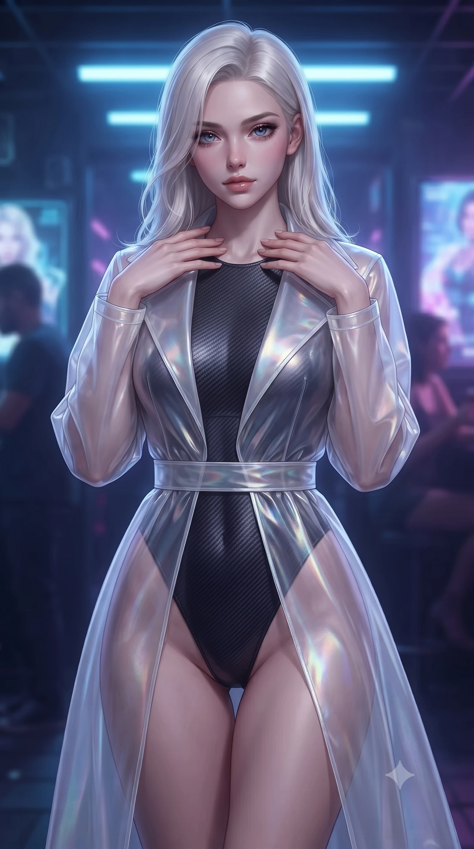 score_9, masterpiece, best quality, ultra-detailed, high-budget anime keyframe, editorial fashion photography, tasteful artistic composition, Caucasian woman. close-up cowboy shot from the waist and thighs up, the character dominates the composition, filling the frame with her large presence, background elements kept in soft focus. standing in a relaxed, elegant posture with both hands resting lightly on her collarbone, looking at the viewer with bedroom-eyes, the background shows a soft-focus a dimly lit cyber-pub entrance with flickering blue fluorescent tubes. She has an exceptionally elegant, slender, and willowy female figure with an ultra-slim waist, a gracefully sculpted slender torso, and a refined silhouette. sharp v-shaped jawline, high-bridge nose, intricate jewel-like eyes with depth, thick eyelashes, glossy lips with a natural sheen. wearing a tailored sheer white holographic organza combat gown worn over a high-cut carbon-fiber leotard. low-contrast blue and violet ambient glow casting mysterious side rim-lights. ultra-reflective glossy finish, specular highlights, metallic sheen, high-contrast stereoscopic depth, volumetric dynamic lighting, 2k, ultra detail, master piece, 9:16 ratio