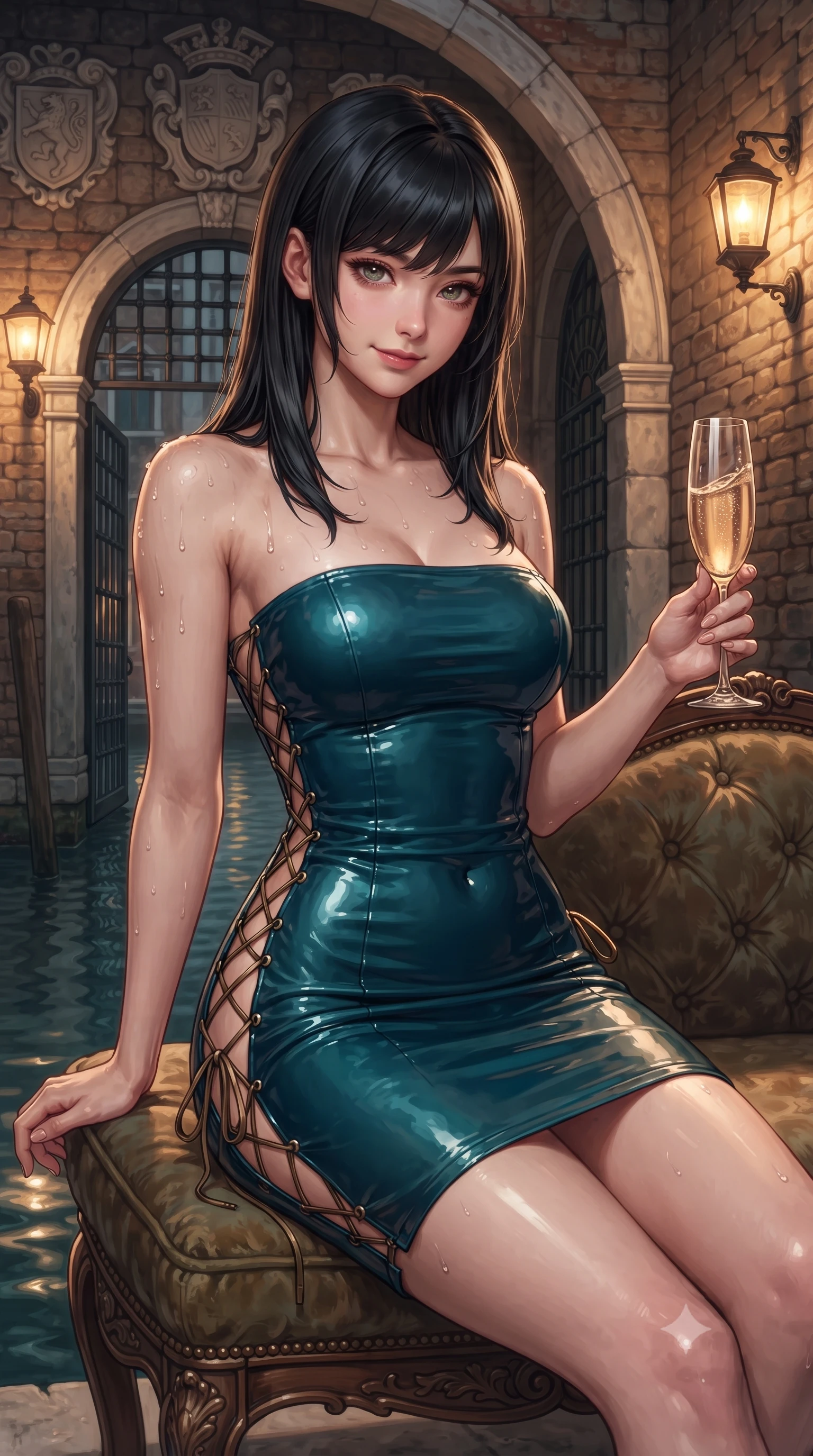 score_9, masterpiece, best quality, ultra-detailed, high-budget anime keyframe, editorial fashion photography, tasteful artistic composition, Caucasian woman. close-up cowboy shot from the waist and thighs up, the character dominates the composition, filling the frame with her large presence. tilting her head with a teasing half-smile, running one hand slowly down the side of her hip in a flirtatious S-curve as ambient light caresses her silhouette while lounging on an antique velvet-cushioned settee beside the open canal gate, holding a glass of prosecco with sovereign seductive poise. The surrounding environment is rendered in vivid detail and crisp panoramic clarity: sharp Istrian stone arch textures, ancient carved marble coat-of-arms, and water ripple meniscus in deep focus. She has an exceptionally elegant, slender, and willowy female figure with an ultra-slim waist, flat toned midriff, narrow ribcage, and sculpted feminine hips creating an alluring, slim hourglass silhouette without bulk. sharp v-shaped jawline, high-bridge nose, sparkling eyes with hypnotic seductive depth, thick curled eyelashes, glossy parted lips with a natural dewy peach sheen, alluring bedroom-eyes with an enchanting coquettish smile, exuding magnetic siren charisma and sophisticated glamour, flawlessly proportioned anatomical accuracy, strict slender model proportions, natural body alignment, perfectly sculpted long slender limbs, ultra-slim waistline, clean dynamic posture without body distortion. wearing a form-contouring ribbed knit tube dress with subtle side-lace ties tracing the curve of her hips in deep peacock teal and burnished antique brass, crafted from wet-look high-gloss vinyl fabric with dazzling specular surface reflections, finished with glistening drops of pool water beading across her sculpted shoulders and collarbones, the second-skin tailored fabric adhering flawlessly to her sculpted flat midriff and slender torso, emphasizing her long leg lines and perfectly proportioned willowy build. bathed in the warm golden light of antique brass lanterns mounted on stone walls. ultra-reflective glossy finish, specular highlights, rich textural contrasts, high-contrast stereoscopic depth, volumetric dynamic lighting, 2k, ultra detail, master piece, 9:16 ratio