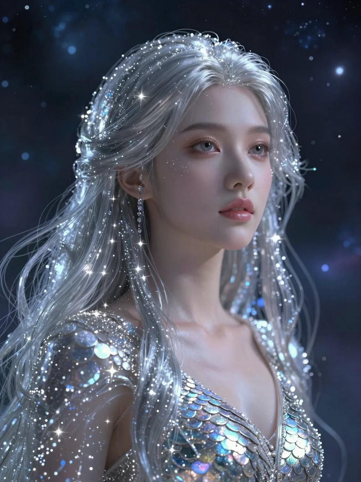 (masterpiece:1.2), best quality, ultra-high definition, (1girl:1.3), ethereal goddess, long flowing hair made of liquid silver and stardust, iridescent scales on collarbone, serene face with captivating gaze, deep cosmic nebula background, (volumetric lighting:1.2), cinematic composition, 2k, ultra detail, 3:4 ratio