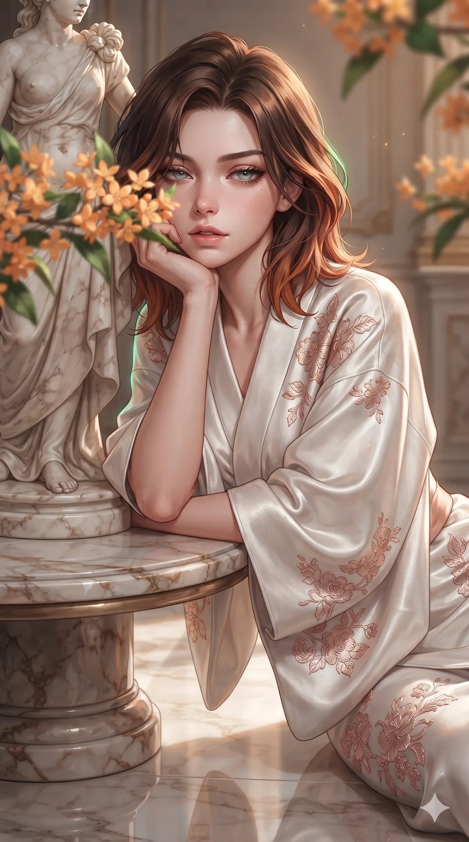 score_9, masterpiece, best quality, ultra-detailed, high-budget anime keyframe, editorial fashion photography, tasteful artistic composition, Korean woman. close-up cowboy shot from the waist and thighs up, the character dominates the composition, filling the frame with her large presence. resting one elbow on the table and supporting her chin, leaning close to the camera with heavy-lidded sparkling eyes and parted lips while leaning against a carved marble statue pedestal with hips cocked back, gazing through fragrant orange blossoms with smoldering eyes. The surrounding environment is rendered in vivid detail and crisp panoramic clarity: sharp marble bust facial carvings, waxy green citrus leaves, and crisp wrought-iron window frames in deep focus. She has an exceptionally elegant, slender, and willowy female figure with an ultra-slim waist, flat toned midriff, narrow ribcage, and sculpted feminine hips creating an alluring, slim hourglass silhouette without bulk. sharp v-shaped jawline, high-bridge nose, intricate jewel-like sparkling eyes with depth, thick eyelashes, glossy parted lips with a natural sheen, intensely captivating and seductive bedroom-eyes expression, exuding both youthful cute charm and sovereign luxury allure, flawlessly proportioned anatomical accuracy, strict slender model proportions, natural body alignment, perfectly sculpted long slender limbs, ultra-slim waistline, clean dynamic posture without body distortion. wearing a delicate semi-translucent silk yukata that clings to her wet skin and curvy hip contours in celestial porcelain white and rose-gold, crafted from stretch micro-mesh with liquid foil coating that shimmers with every movement, featuring fine criss-cross lace-up side ties revealing tantalizing glimpses of her hip curve, the high-slit wrap tailoring accentuating her ultra-slim waistline and the enchanting curve of her feminine hips with alluring seductive charm. illuminated by polished limestone floor reflections and sharp emerald-gold rim lights sculpting her razor-sharp jawline, narrow waist, and curvy hips. ultra-reflective glossy finish, specular highlights, rich textural contrasts, high-contrast stereoscopic depth, volumetric dynamic lighting, 2k, ultra detail, master piece, 9:16 ratio
