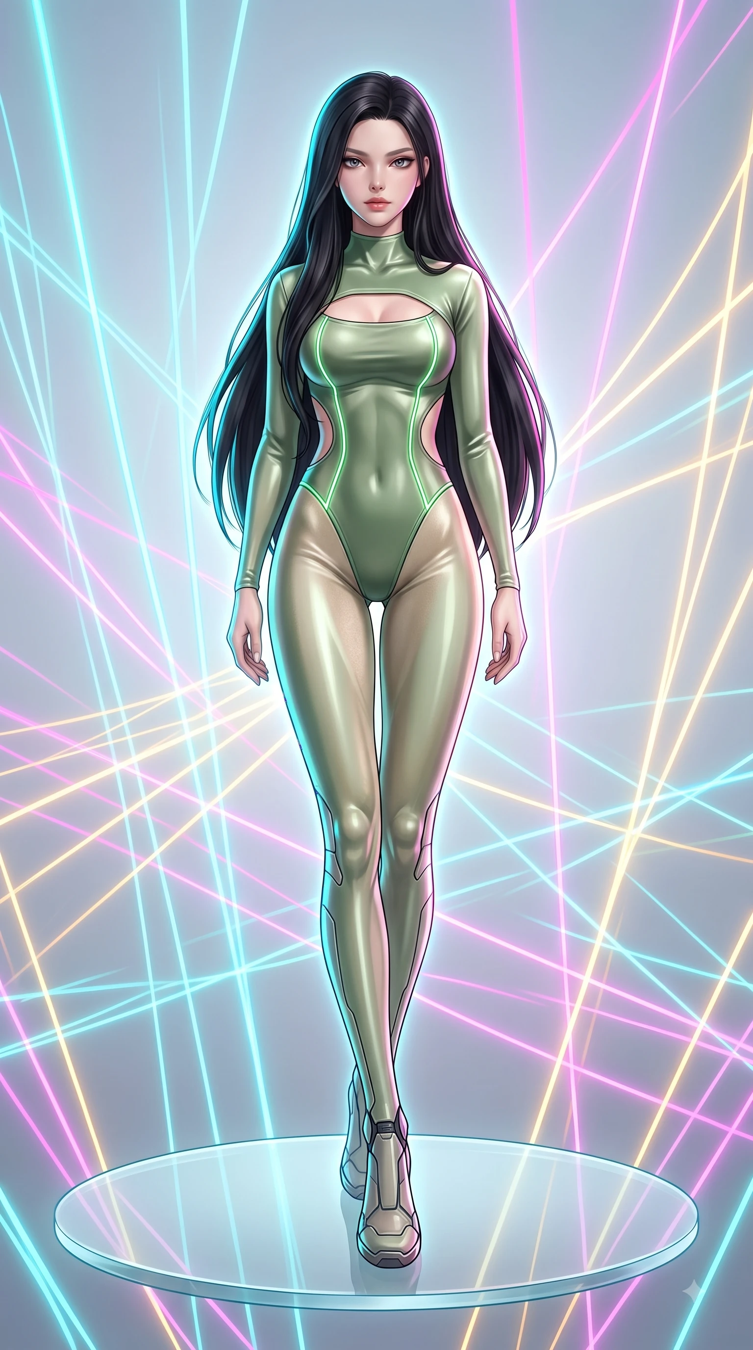 score_9, masterpiece, best quality, ultra-detailed, high-budget anime keyframe, editorial fashion photography, tasteful artistic composition, Korean woman. low angle full-body shot from head to toe showing her feet, filling the entire 9:16 vertical frame with her statuesque presence, stretching her vertical silhouette. stepping forward in a proud dynamic stride with an alluring waist tilt, her vertical silhouette filling the frame while pivoting her torso in an S-curve alignment on a floating glass disk inside a light matrix, fluorescent cyan, magenta, and gold light threads crossing in 3D space. She has an absolutely perfect, statuesque 8.5-heads proportion, an exceptionally tall and slender model-like female figure with impossibly long slender legs and an ultra-slim waist. sharp v-shaped jawline, high-bridge nose, intricate jewel-like eyes with depth, thick eyelashes, glossy lips with a natural sheen, flawlessly proportioned anatomical accuracy, natural body alignment, perfectly sculpted elegant limbs, clean dynamic posture without body distortion. wearing a skin-tight cybernetic bodysuit with glowing neon seams and side cutouts in sage green and oatmeal, made of premium stretch velvet with a rich sheen, accented with a Tasteful chest slit framing her clavicle gracefully, the form-contouring material highlighting her ultra-slim waist and long lines. surrounded by a vibrant fluorescent aura with bright specular rim lights. highly saturated vibrant anime colors, detailed shading with soft gradients, rich glossy textures, high-contrast stereoscopic depth, volumetric dynamic lighting, master piece, 9:16 ratio
