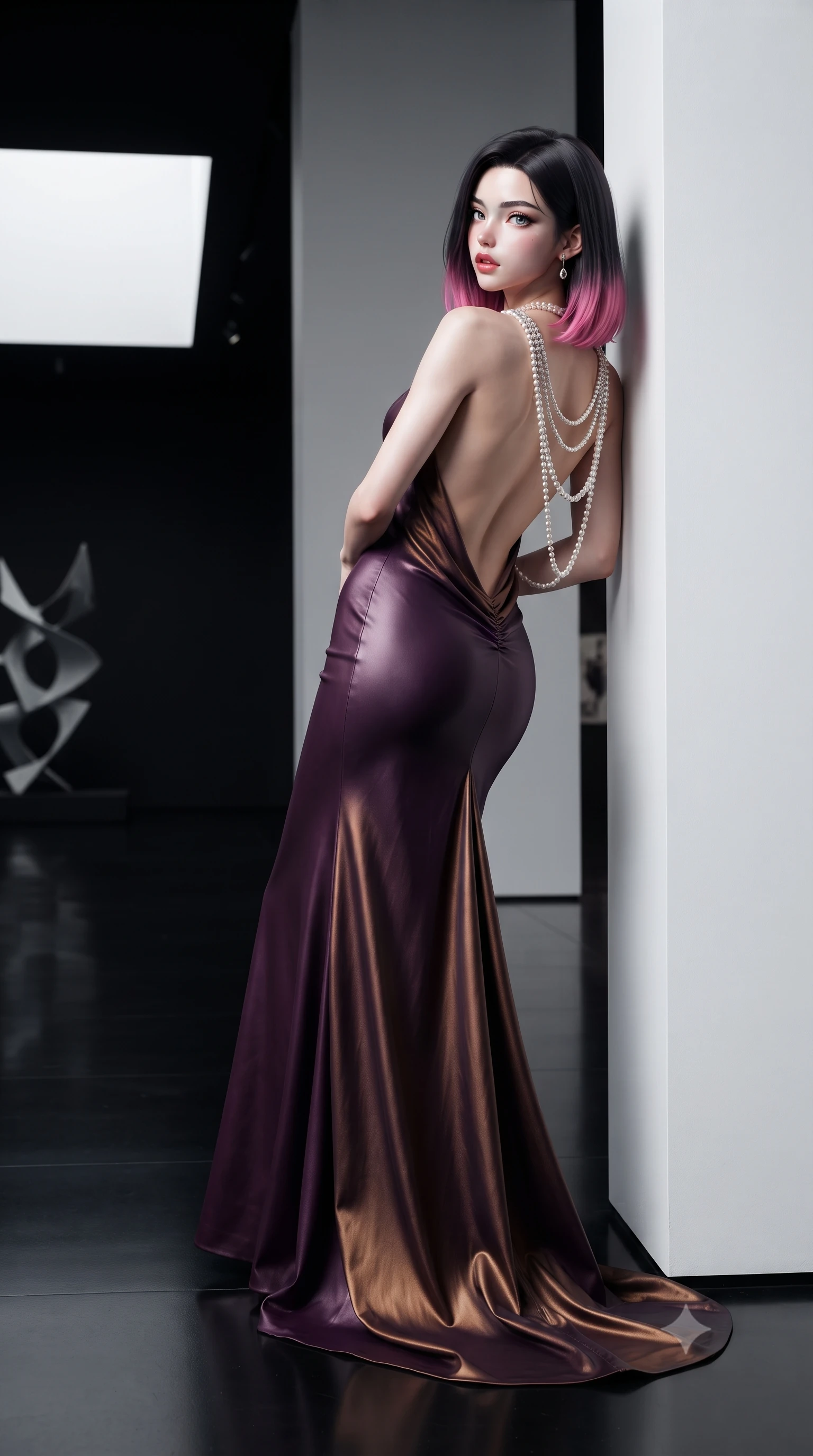 score_9, masterpiece, best quality, ultra-detailed, high-budget anime keyframe, editorial fashion photography, tasteful artistic composition, Korean woman. low angle full-body shot from head to toe showing her feet, filling the entire 9:16 vertical frame with her statuesque presence, stretching her vertical silhouette. leaning deep against the structural architecture with hips cocked in an unapologetically bold, seductive high-fashion stance while gliding across the high-gloss black epoxy floor with sovereign elegance, glancing over a bare shoulder with parted glossy lips. The surrounding environment is rendered in vivid detail and crisp panoramic clarity. high-contrast minimalist museum chiaroscuro and avant-garde contemporary high-fashion aesthetics in precision. She has an exceptionally tall and slender model-like 8.5-heads proportion, an ultra-slim waist, a flat toned midriff, narrow delicate ribcage, and beautifully sculpted feminine hips creating a graceful, slim hourglass silhouette without any bulky heaviness, with impossibly long slender legs. sharp v-shaped jawline, high-bridge nose, intricate jewel-like eyes with depth, thick eyelashes, glossy parted lips with a natural sheen, intensely captivating and seductive bedroom-eyes expression, flawlessly proportioned anatomical accuracy, strict slender model proportions, natural body alignment, perfectly sculpted long slender limbs, ultra-slim waistline, clean dynamic posture without body distortion. wearing an open-back duchess satin gala gown with a dramatic hip-hugging drape and cascading trailing hem in deep plum violet and antique bronze, crafted from second-skin supple lambskin leather with liquid drape, accented with a multi-strand pearl back necklace cascading down her bare spine to her hips, the dramatically scooped open back descending to the base of her spine, accentuating her razor-sharp statuesque lines and slim hourglass silhouette. illuminated by sharp linear edge highlights defining her sculpted collarbones, ultra-slim waist, and curvy hips. ultra-reflective glossy finish, specular highlights, rich textural contrasts, high-contrast stereoscopic depth, volumetric dynamic lighting, 2k, ultra detail, master piece, 9:16 ratio