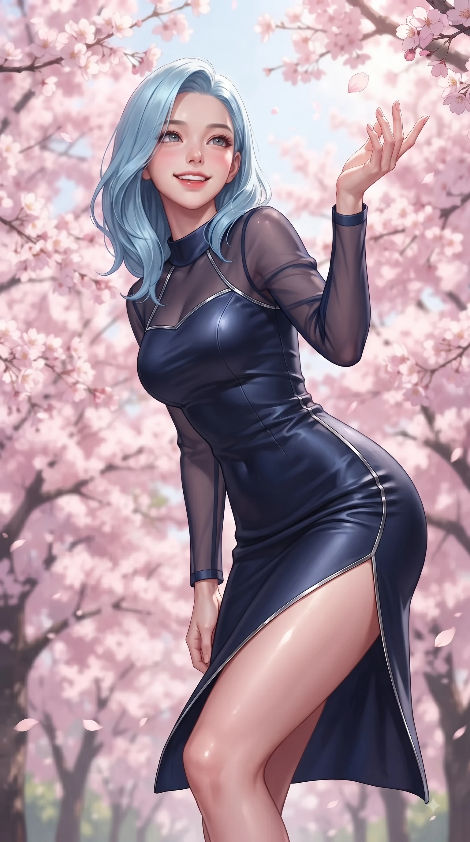 score_9, masterpiece, best quality, ultra-detailed, high-budget anime keyframe, editorial fashion photography, tasteful artistic composition, Korean woman. close-up cowboy shot from the waist and thighs up, the character dominates the composition, filling the frame with her large presence, background elements kept in soft focus. Cheerful beaming smile with sparkling eyes and a fresh girlhood aura, leaning forward with playful grace while reaching her hand up playfully to catch a floating cherry blossom petal in mid-air, dense canopies of pink cherry blossoms fluttering in a gentle spring morning breeze. She has an exceptionally elegant, slender, and willowy female figure with an ultra-slim waist, a gracefully sculpted slender torso, and a refined silhouette. sharp v-shaped jawline, high-bridge nose, intricate jewel-like eyes with depth, thick eyelashes, glossy lips with a natural sheen, flawlessly proportioned anatomical accuracy, natural body alignment, perfectly sculpted elegant limbs, clean dynamic posture without body distortion. wearing a sleek bodycon knit dress with strategic sheer organza sleeve panels in midnight navy blue and chrome trim, crafted from lustrous satin jersey with fluid draping, finished with a sleek side slit ascending to mid-thigh, the glove-like fit emphasizing her statuesque silhouette during motion. surrounded by a fresh, sweet, and nostalgic spring school atmosphere. ultra-reflective glossy finish, specular highlights, metallic sheen, high-contrast stereoscopic depth, volumetric dynamic lighting, 2k, ultra detail, master piece, 9:16 ratio