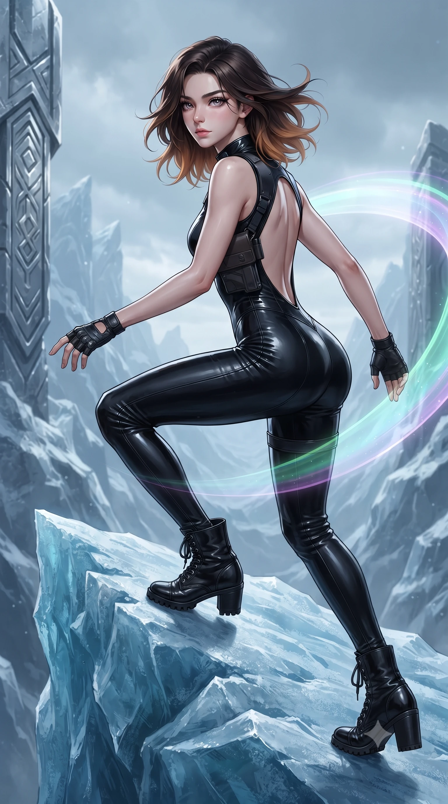 score_9, masterpiece, best quality, ultra-detailed, high-budget anime keyframe, editorial fashion photography, tasteful artistic composition, Korean woman. low angle full-body shot from head to toe showing her feet, filling the entire 9:16 vertical frame with her statuesque presence, stretching her vertical silhouette. striding forward in a proud supermodel runway stride, hips swaying in an alluring kinetic rhythm that accentuates her curvy hourglass silhouette while crouching low in a kinetic warrior stance on the ice ridge, her athletic feminine curves and sculpted glutes highlighted by aurora ribbons. The surrounding environment is rendered in vivid detail and crisp panoramic clarity. sharp chrome runestone carvings, glacier ice fissure clarity, and titanium armor panel seams in deep focus. She has an absolutely perfect, statuesque 8.5-heads proportion, an exceptionally tall and slender model-like female figure with impossibly long slender legs, a toned flat midriff, an ultra-slim waist, and beautifully sculpted feminine hips. sharp v-shaped jawline, high-bridge nose, intricate jewel-like eyes with depth, thick eyelashes, glossy parted lips with a natural sheen, intensely captivating and seductive bedroom-eyes expression, flawlessly proportioned anatomical accuracy, strict slender model proportions, natural body alignment, perfectly sculpted long slender limbs, ultra-slim waistline, clean dynamic posture without body distortion. wearing a sharp sleeveless tactical catsuit with an asymmetric shoulder holster and high collar in pitch-black vinyl and specular chrome trim, tailored from supple second-skin lambskin leather adhering to her curves, complemented by tactical fingerless combat gloves and stiletto combat boots, the dramatically scooped open back descending to the base of her spine, accentuating her razor-sharp statuesque lines and curvy hourglass silhouette. surrounded by an indomitable, lethal, and breathtakingly majestic cyber-valkyrie goddess aura. ultra-reflective glossy finish, specular highlights, rich textural contrasts, high-contrast stereoscopic depth, volumetric dynamic lighting, 2k, ultra detail, master piece, 9:16 ratio