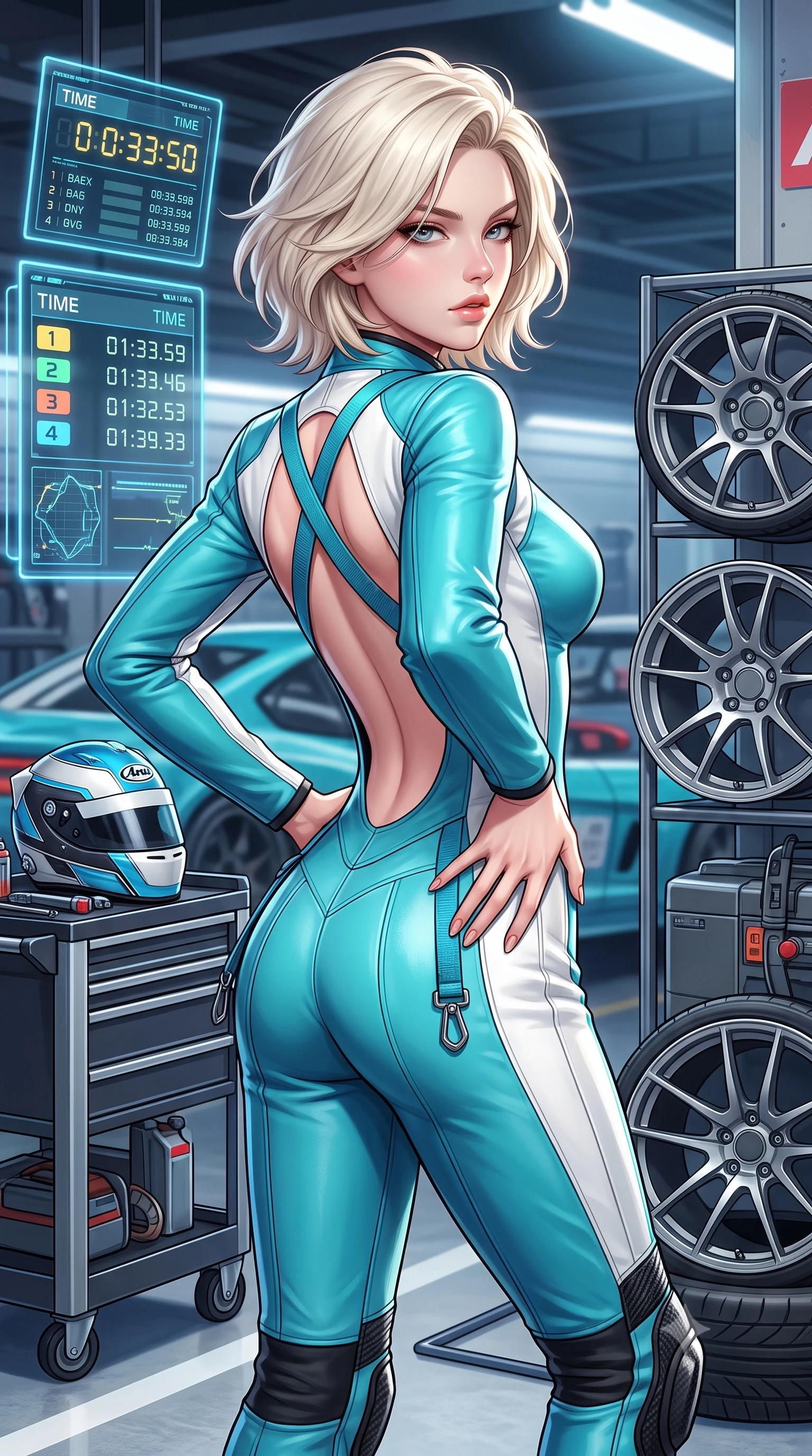 score_9, masterpiece, best quality, ultra-detailed, high-budget anime keyframe, semi-realistic 3D game render, editorial fashion photography, tasteful artistic composition, Caucasian woman. close-up cowboy shot from the waist and thighs up, the character dominates the composition, filling the frame with her large presence. arching her spine in an alluring serpentine S-curve, one hand resting on her waist with parted glossy lips and an intensely magnetic gaze while twisting her athletic torso in an alluring S-curve while resting both hands on her hips, looking past the camera with fearless allure. The surrounding environment is rendered in vivid detail and crisp panoramic clarity. detailed holographic timing displays, alloy wheel spokes, and high-tech racing helmet in high clarity. She has an exceptionally elegant, slender, and willowy female figure with an ultra-slim waist, a gracefully sculpted slender torso, toned flat midriff, and a refined slim silhouette. sharp v-shaped jawline, high-bridge nose, intricate jewel-like eyes with depth, thick eyelashes, glossy parted lips with a natural sheen, intensely captivating and seductive expression, flawlessly proportioned anatomical accuracy, strict slender model proportions, natural body alignment, perfectly sculpted long slender limbs, ultra-slim waistline, clean dynamic posture without body distortion. wearing a daring open-back racing jumpsuit with crossed elastic suspension straps and form-hugging fit in racing aqua blue and stark white, tailored from supple second-skin lambskin leather adhering to her curves, accented with hanging industrial clip straps and carbon fiber knee sliders, the glove-like aerodynamic second-skin fit tightly clinging to her ultra-slender waist and athletic curves without adding bulk, accentuating her razor-sharp statuesque lines and slim hourglass silhouette. surrounded by an adrenaline-fueled, audacious, and wildly charismatic drift idol aura. highly saturated vibrant anime colors, detailed shading with soft gradients, rich glossy textures, high-contrast stereoscopic depth, volumetric dynamic lighting, master piece, 9:16 ratio
