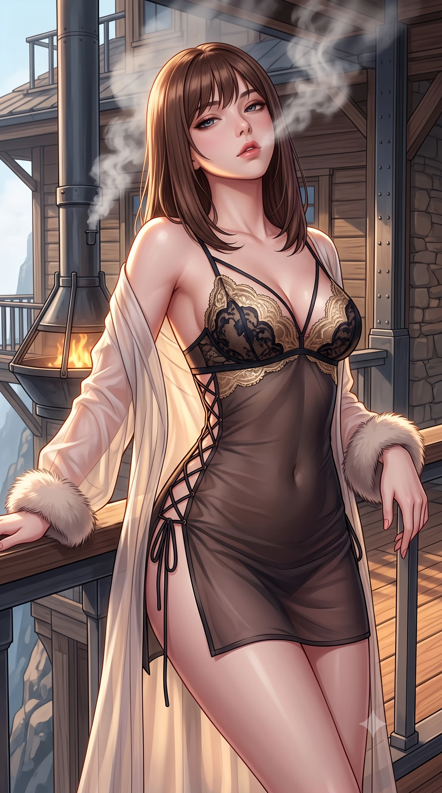 score_9, masterpiece, best quality, ultra-detailed, high-budget anime keyframe, semi-realistic 3D game render, editorial fashion photography, tasteful artistic composition, Korean woman. close-up cowboy shot from the waist and thighs up, the character dominates the composition, filling the frame with her large presence. leaning back against the balustrade with relaxed seductive grace, head tilted back slightly while casting a hypnotic, heavy-lidded gaze while leaning against the suspended steel hearth post with hips cocked back, looking through rising chimney smoke with bedroom-eyes. The surrounding environment is rendered in vivid detail and crisp panoramic clarity: detailed alluring sheer gossamer slip dress, side lace-up corset ties, and cliffside engineering craft in high resolution. She has an exceptionally elegant, slender, and willowy female figure with an ultra-slim waist, flat toned midriff, narrow ribcage, and sculpted feminine hips creating an alluring, slim hourglass silhouette without bulk. sharp v-shaped jawline, high-bridge nose, intricate jewel-like sparkling eyes with depth, thick eyelashes, glossy parted lips with a natural peach sheen, bright cheerful beaming smile with an enchanting and coquettish sensual glint, exuding both youthful cute charm and seductive allure, flawlessly proportioned anatomical accuracy, strict slender model proportions, natural body alignment, perfectly sculpted long slender limbs, ultra-slim waistline, clean dynamic posture without body distortion. wearing a delicate translucent cashmere-gauze boudoir robe with faux-fur trimmed cuffs slipping off bare shoulders over a strappy lace bralette in deep midnight obsidian black and liquid champagne gold, woven from buttery-soft stretch lambskin leather adhering to her body like a second skin, featuring fine criss-cross lace-up side ties revealing tantalizing glimpses of her hip curve, the second-skin tailored fabric adhering flawlessly to her sculpted flat midriff and slender torso, emphasizing her long leg lines and perfectly proportioned willowy build. illuminated by teak floor bounce and sharp flame-gold rim lights defining her razor-sharp jawline, narrow waist, and curvy hips. highly saturated vibrant anime colors, detailed shading with soft gradients, rich glossy textures, high-contrast stereoscopic depth, volumetric dynamic lighting, master piece, 9:16 ratio