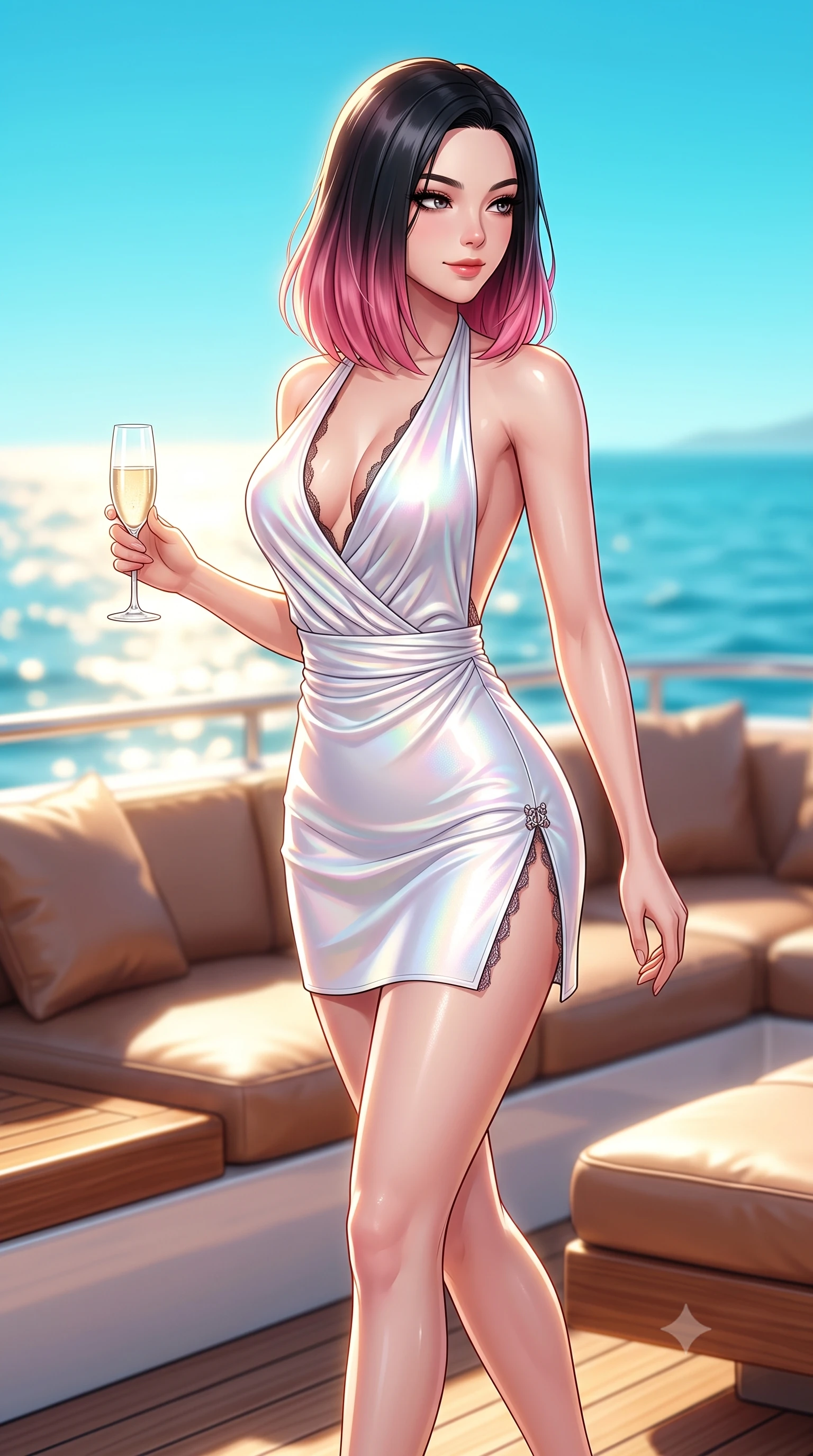 score_9, masterpiece, best quality, ultra-detailed, high-budget anime keyframe, semi-realistic 3D game render, editorial fashion photography, tasteful artistic composition, Korean woman. close-up cowboy shot from the waist and thighs up, the character dominates the composition, filling the frame with her large presence. stretching forward with an alluring arch of her spine, glancing over her shoulder with thick eyelashes and a smoldering half-smile while stepping gracefully toward the yacht lounge with champagne glass in hand under a cloudless turquoise sky. The composition keeps background elements in soft focus with creamy bokeh. intense marine sunlight reflecting off water waves into a glowing, sun-soaked backdrop. She has an exceptionally elegant, slender, and willowy female figure with an ultra-slim waist, a gracefully sculpted slender torso, toned flat midriff, and a refined slim silhouette. sharp v-shaped jawline, high-bridge nose, intricate jewel-like eyes with depth, thick eyelashes, glossy lips with a natural sheen, flawlessly proportioned anatomical accuracy, strict slender model proportions, natural body alignment, perfectly sculpted long slender limbs, ultra-slim waistline, clean dynamic posture without body distortion. wearing a form-contouring liquid satin halter-neck mini dress with a deep crossover cowl front, open back, and ultra-slender waist drape in glistening liquid pearl white with rainbow opalescence, crafted from delicate dark lace interwoven with luminescent micro-fibers, finished with an ultra-high side slit secured by miniature magnetic clasps, the sleek second-skin cut tightly hugging her graceful clavicle, narrow waist, and feminine curves with athletic precision. illuminated by intense white fill light and crisp specular highlights tracing her slender curves. highly saturated vibrant anime colors, detailed shading with soft gradients, rich glossy textures, high-contrast stereoscopic depth, volumetric dynamic lighting, master piece, 9:16 ratio