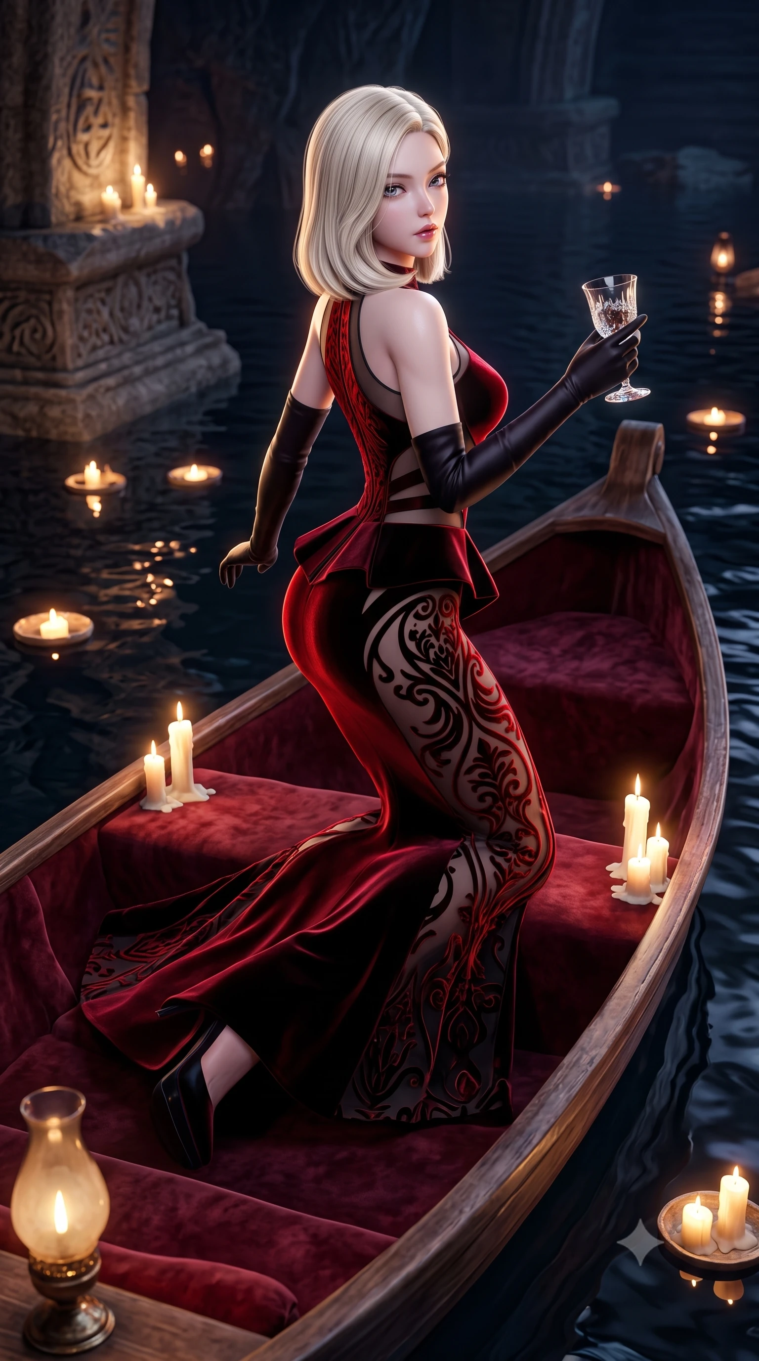 score_9, masterpiece, best quality, ultra-detailed, high-budget anime keyframe, semi-realistic 3D game render, editorial fashion photography, tasteful artistic composition, Korean woman. low angle full-body shot from head to toe showing her feet, filling the entire 9:16 vertical frame with her statuesque presence, stretching her vertical silhouette. executing an elegant mid-motion pivot turn as garments swirl around her slender limbs, glancing over her shoulder with an intoxicating bedroom-gaze while reclining languidly on an antique velvet-lined skiff floating on the subterranean black lake, arching her spine with one knee bent as candlelight traces her curvy hips. The surrounding environment is rendered in vivid detail and crisp panoramic clarity. intense theatrical chiaroscuro and decadent gothic romance aesthetics rendered with precision. She has an exceptionally tall and slender model-like 8.5-heads proportion, an ultra-slim waist, a flat toned midriff, narrow delicate ribcage, and beautifully sculpted feminine hips creating a graceful, slim hourglass silhouette without any bulky heaviness, with impossibly long slender legs. sharp v-shaped jawline, high-bridge nose, intricate jewel-like eyes with depth, thick eyelashes, glossy parted lips with a natural sheen, intensely captivating and seductive bedroom-eyes expression, flawlessly proportioned anatomical accuracy, strict slender model proportions, natural body alignment, perfectly sculpted long slender limbs, ultra-slim waistline, clean dynamic posture without body distortion. wearing a structural geometric peplum gown with sheer side-ribbon cutouts and form-fitting skirt in phantom obsidian black and blood-red velvet, made of sheer contouring power-mesh with velvet flocking patterns, accessorized with opera-length satin gloves and a vintage crystal glass, the glove-like aerodynamic silhouette tightly following the natural contour of her hips and long slender legs with statuesque 8.5-heads elegance. illuminated by rich specular rim lights defining her razor-sharp jawline, narrow waist, and curvy hips. highly saturated vibrant anime colors, detailed shading with soft gradients, rich glossy textures, high-contrast stereoscopic depth, volumetric dynamic lighting, master piece, 9:16 ratio