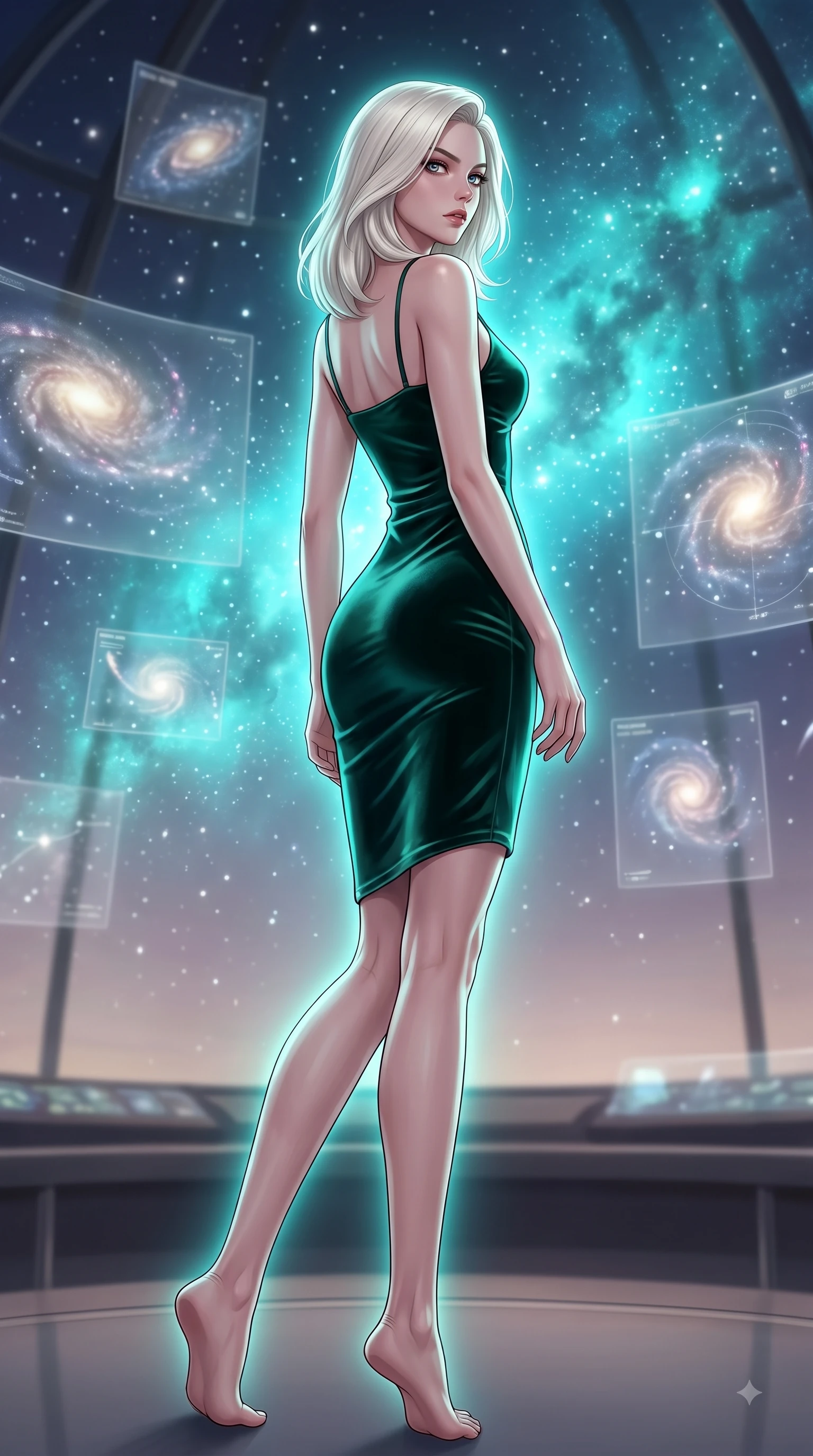 score_9, masterpiece, best quality, ultra-detailed, high-budget anime keyframe, editorial fashion photography, tasteful artistic composition, Caucasian woman woman. low angle full-body shot from head to toe showing her feet, filling the entire 9:16 vertical frame with her statuesque presence, stretching her vertical silhouette. She has an absolutely perfect, statuesque 8.5-heads proportion, an exceptionally tall and slender model-like female figure with impossibly long slender legs and an ultra-slim waist. turning fluidly while glancing back over her shoulder with magnetic intensity and statuesque grace, flawlessly proportioned anatomical accuracy, natural body alignment, perfectly sculpted elegant limbs, clean dynamic posture without body distortion. set against a soft-focus background of a panoramic star observatory deck with floating galaxy maps. wearing a fitted dark emerald velvet slip dress with a smooth liquid sheen and delicate straps. bathed in starlight and cosmic turquoise nebula glow wrapping her athletic build. highly saturated vibrant anime colors, detailed shading with soft gradients, rich glossy textures, high-contrast stereoscopic depth, volumetric dynamic lighting, master piece, 9:16 ratio