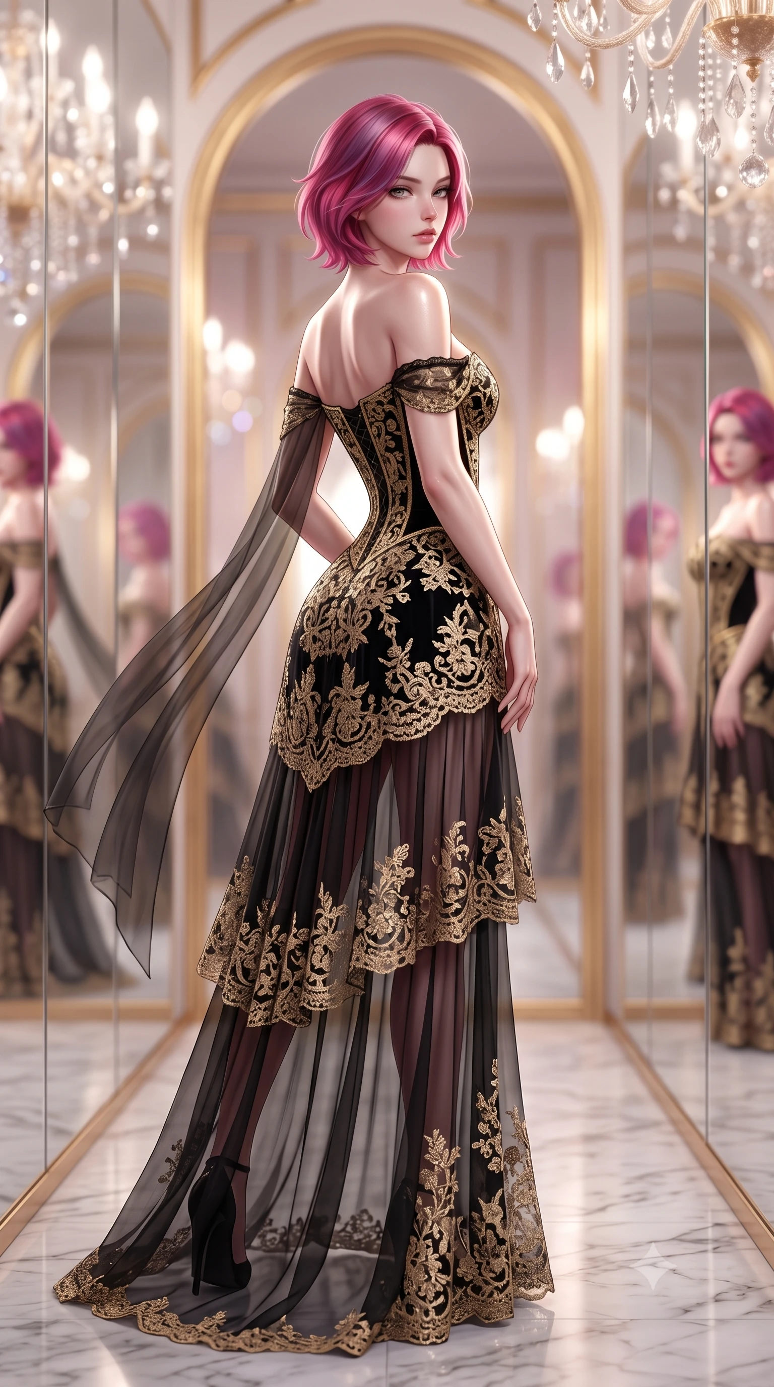 score_9, masterpiece, best quality, ultra-detailed, high-budget anime keyframe, semi-realistic 3D game render, editorial fashion photography, tasteful artistic composition, Caucasian woman. low angle full-body shot from head to toe showing her feet, filling the entire 9:16 vertical frame with her statuesque presence, stretching her vertical silhouette. posing with back turned slightly to the lens, glancing back with smoldering allure as she arches her lower back to emphasize her sculpted feminine hips and slender waist while gliding down the mirror-lined corridor with supermodel momentum, pivoting gracefully as infinite reflections multiply her curvy silhouette. The composition keeps background elements in soft focus with creamy bokeh. infinite crystal chandelier prisms and gilded mirror arches blurred into radiant diamond, pastel rose, and gold-leaf bokeh. She has an absolutely perfect, statuesque 8.5-heads proportion, an exceptionally tall and slender model-like female figure with impossibly long slender legs, a toned flat midriff, an ultra-slim waist, and beautifully sculpted feminine hips. sharp v-shaped jawline, high-bridge nose, intricate jewel-like eyes with depth, thick eyelashes, glossy parted lips with a natural sheen, intensely captivating and seductive bedroom-eyes expression, flawlessly proportioned anatomical accuracy, strict slender model proportions, natural body alignment, perfectly sculpted long slender limbs, ultra-slim waistline, clean dynamic posture without body distortion. wearing an off-shoulder French court corset bodice dress paired with a tiered translucent chiffon slit skirt in high-contrast black velvet and gold filigree, formed from shimmering floral French lace over smooth opaque silk lining, finished with sheer floating train panels fluttering behind her in the mirrored hall, the form-contouring material adhering flawlessly to her sculpted flat midriff and slender torso, emphasizing her long leg lines and perfectly proportioned willowy build. illuminated by crisp specular highlights defining her bare clavicle, ultra-slim waistline, and curvaceous hips. highly saturated vibrant anime colors, detailed shading with soft gradients, rich glossy textures, high-contrast stereoscopic depth, volumetric dynamic lighting, master piece, 9:16 ratio