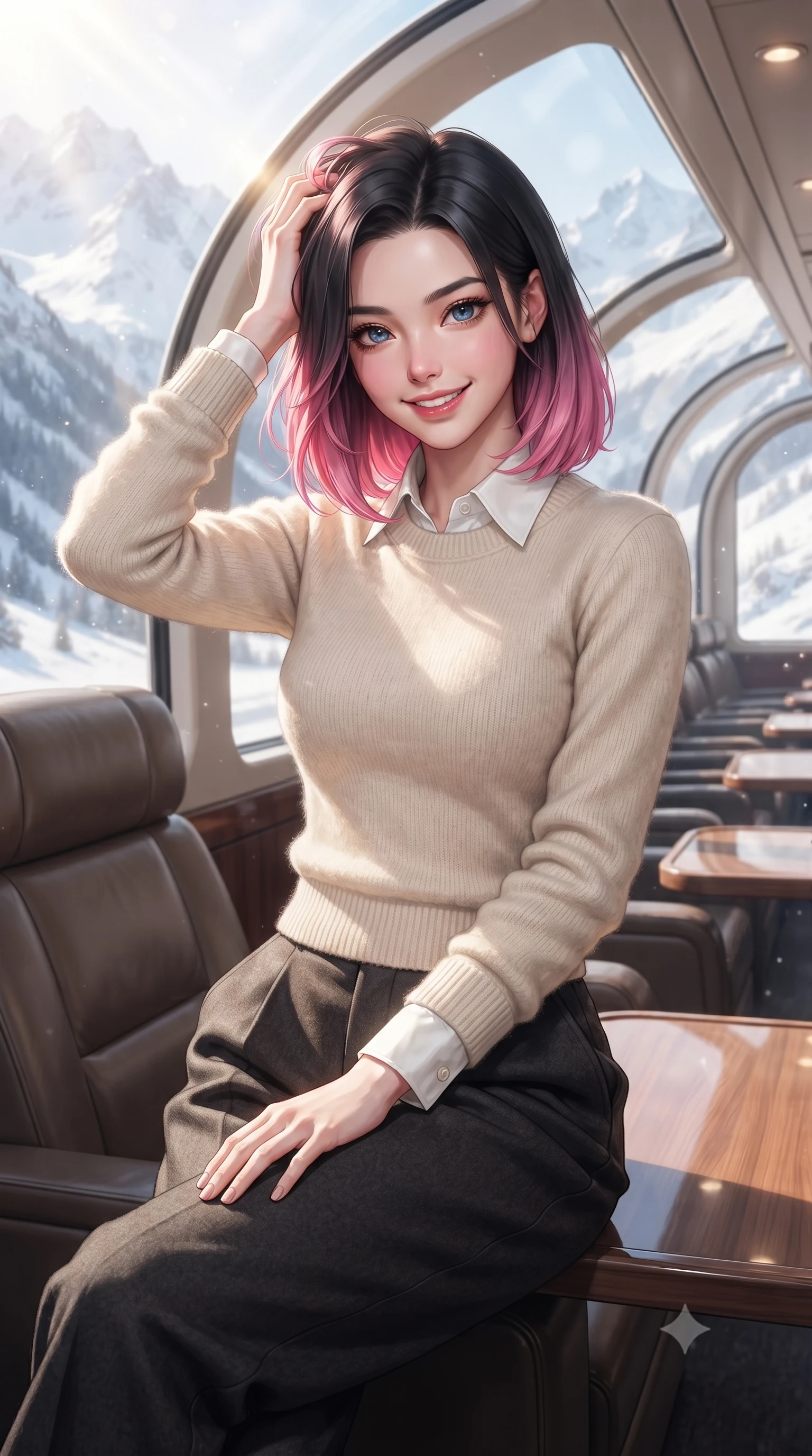 score_9, masterpiece, best quality, ultra-detailed, high-budget anime keyframe, editorial fashion photography, tasteful artistic composition, Korean woman. close-up cowboy shot from the waist and thighs up, the character dominates the composition, filling the frame with her large presence, background elements kept in soft focus. smiling with quiet, magnetic self-assurance directly into the camera, running a hand through her hair the background shows a soft-focus the curved glass lounge of a luxury train winding through snowy mountain peaks. She has an exceptionally elegant, slender, and willowy female figure with an ultra-slim waist, a gracefully sculpted slender torso, and a refined silhouette. sharp v-shaped jawline, high-bridge nose, intricate jewel-like eyes with depth, thick eyelashes, glossy lips with a natural sheen. wearing a body-hugging comfortable cream cashmere knit sweater worn over a white silk button-down shirt and relaxed slacks. bright morning alpine sunbeams filtering through the panorama window glass. ultra-reflective glossy finish, specular highlights, metallic sheen, high-contrast stereoscopic depth, volumetric dynamic lighting, 2k, ultra detail, master piece, 9:16 ratio