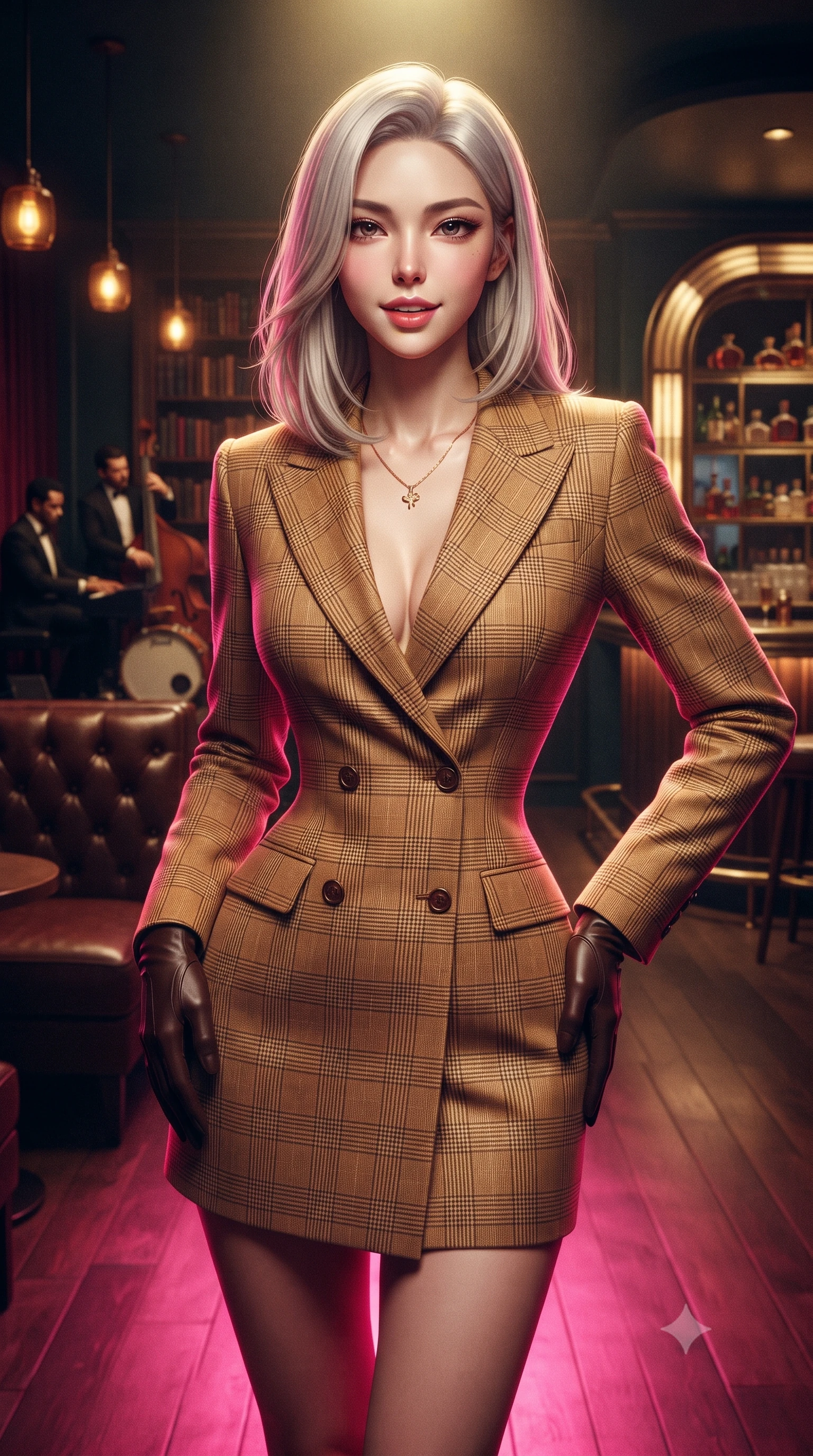 score_9, masterpiece, best quality, ultra-detailed, high-budget anime keyframe, editorial fashion photography, tasteful artistic composition, Korean woman. close-up cowboy shot from the waist and thighs up, the character dominates the composition, filling the frame with her large presence, background elements kept in soft focus. Looking directly at the camera with a bold fearless expression and parted lips. set against a soft-focus background of a hidden underground bar accessed through a secret bookshelf door with dim amber pendant lights a live jazz trio in the corner deep leather booth seating and a gleaming art deco bar with mirrored back shelving. She has an exceptionally elegant and slender, willowy female figure with an ultra-slim waist, a gracefully sculpted slender torso, and a refined slim physique. sharp v-shaped jawline, high-bridge nose, intricate jewel-like eyes with depth, thick eyelashes, glossy lips with a natural sheen. wearing a fitted double-breasted blazer dress in a bright camel plaid, nips at her ultra-slim waist to emphasize her slender proportions. dramatic contrast of hot pink furnace glow from below and cool golden light from above. 2k, ultra detail, master piece, 9:16 ratio