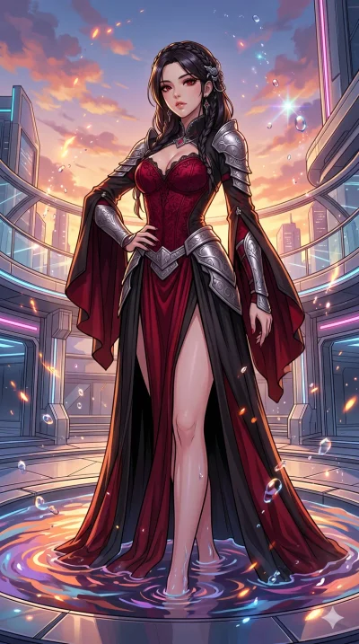 score_9, masterpiece, best quality, ultra-detailed, High-budget Anime Keyframe, beautiful Korean anime girl. Low angle cowboy shot filling the entire 9:16 frame with her overwhelming presence. Standing in a fountain of colorful liquid in a futuristic
