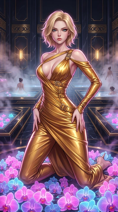 score_9, masterpiece, best quality, ultra-detailed, High-budget Anime Keyframe, Caucasian woman, strictly human ears. Low angle cowboy shot filling the entire 9:16 frame with her statuesque presence. Scenario 283: kneeling on a soft bed of glowing ne