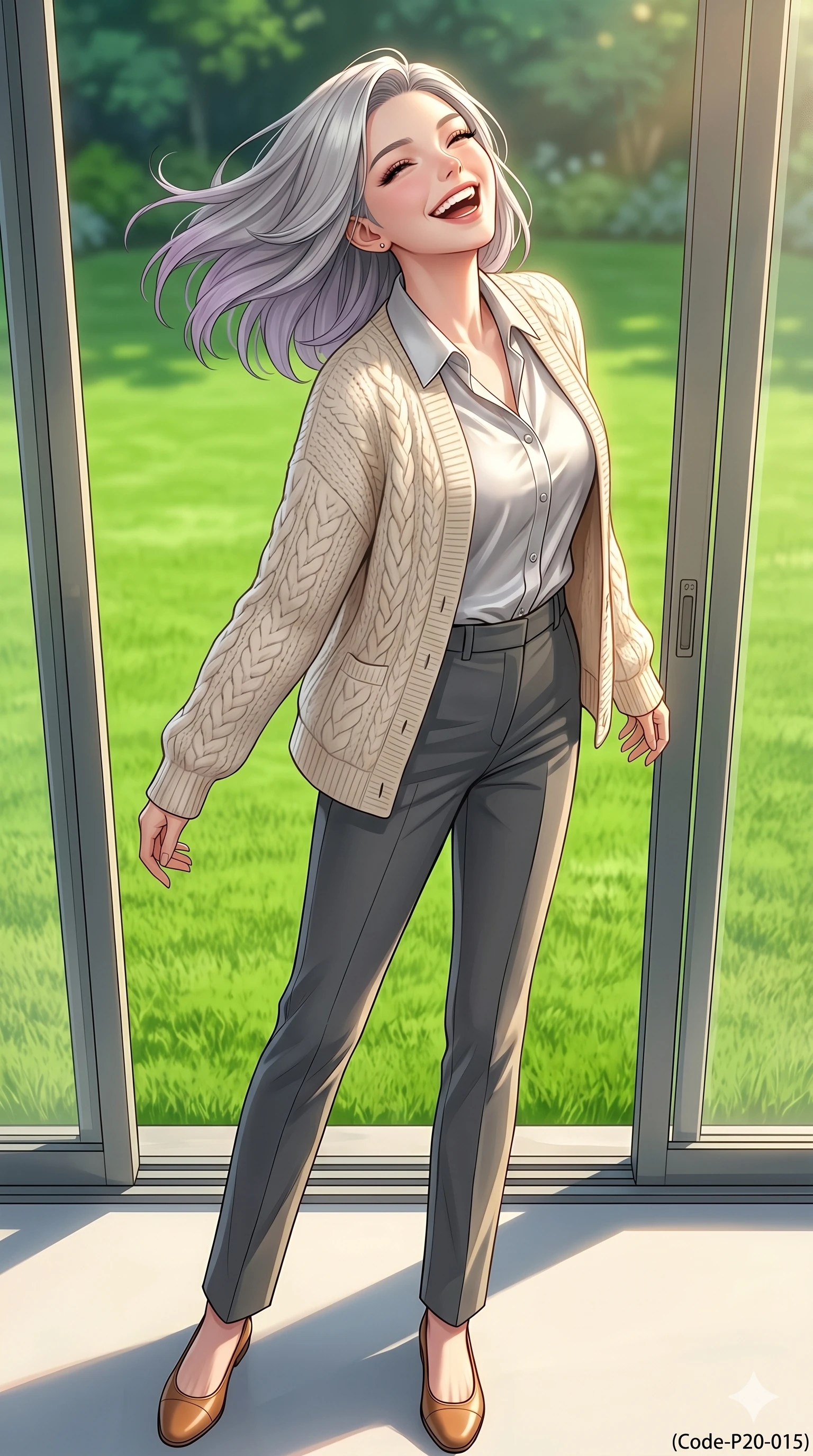 score_9, masterpiece, best quality, ultra-detailed, high-budget anime keyframe, vibrant anime aesthetic, Caucasian woman, strictly human ears. low angle full-body shot from head to toe showing her feet, filling the entire 9:16 vertical frame with her statuesque presence, stretching her vertical silhouette. She is tossing her head back with a joyful laugh, her lips curved into a warm smile by a quiet outdoor tea pavilion with sunny glass panels showing a lush green lawn (Code-P20-015). She has an absolutely perfect 8-heads proportion, an exceptionally tall and slender female figure with impossibly long slender legs and an ultra-slim waist. V-shaped jawline, high-bridge nose, intricate jewel-like eyes with depth, thick eyelashes, glossy lips with a natural sheen. wearing a cozy wool cardigan over a silk shirt and straight-leg trousers. She is drenched in warm morning sunshine, tracing the elegant lines of her shoulders. 2k, ultra detail, master piece, 9:16 ratio